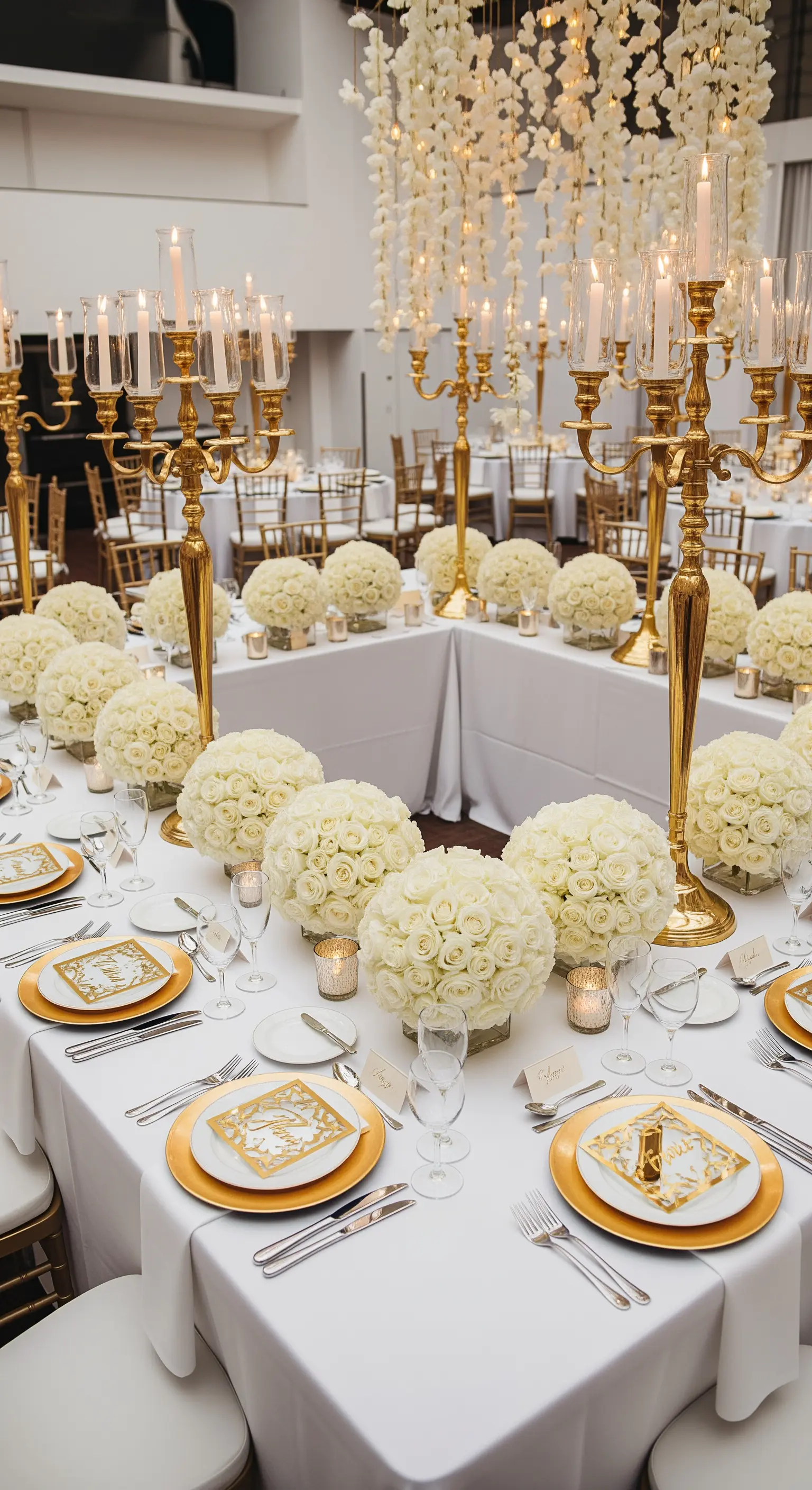 Tavola quadrata total white con sfere di rose bianche e dettagli dorati.
