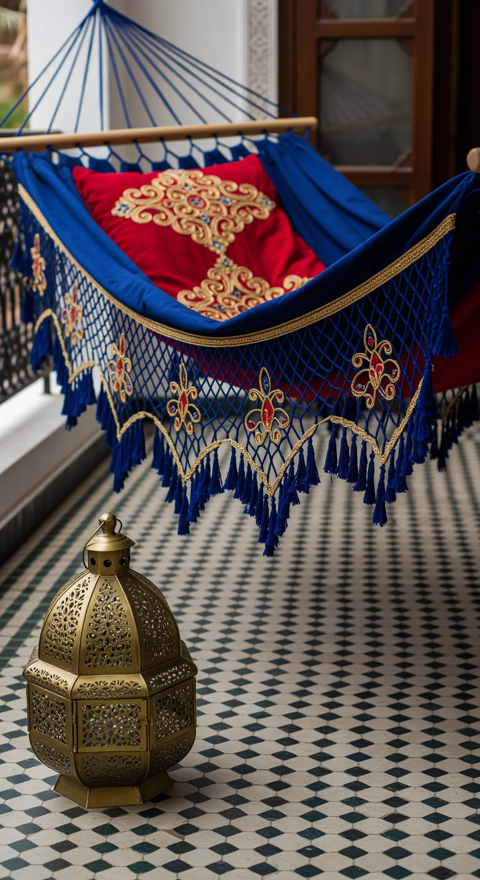Amaca blu reale con ricami dorati e lanterna marocchina su pavimento a mosaico.