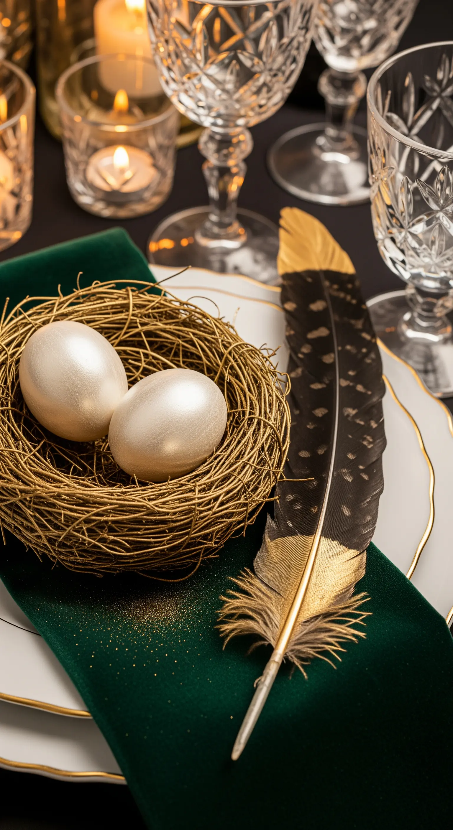 Nido dorato con uova perlate e piuma su velluto verde.