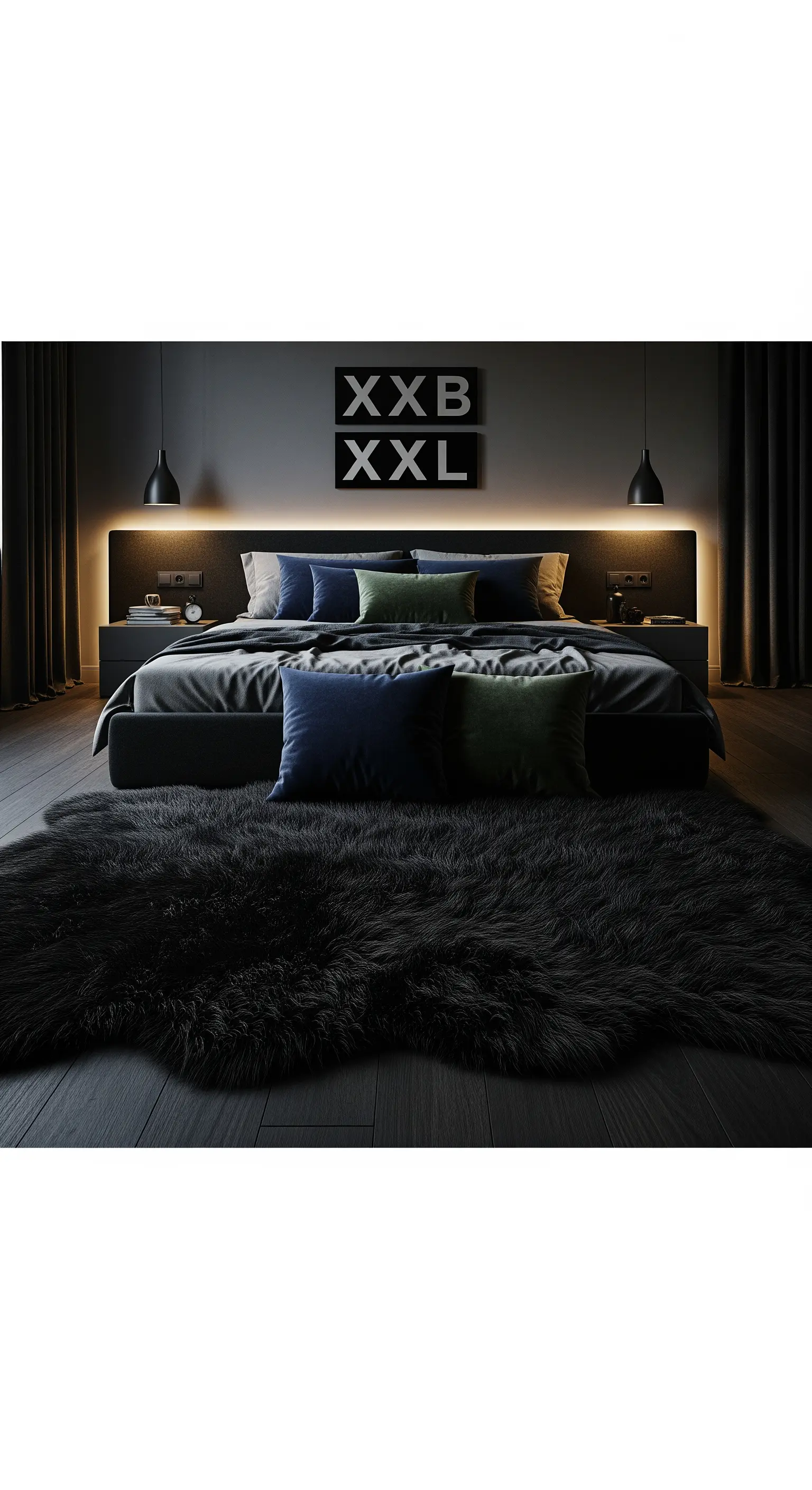 Camera da letto moderna e scura con illuminazione a LED e un grande tappeto nero in finta pelliccia.