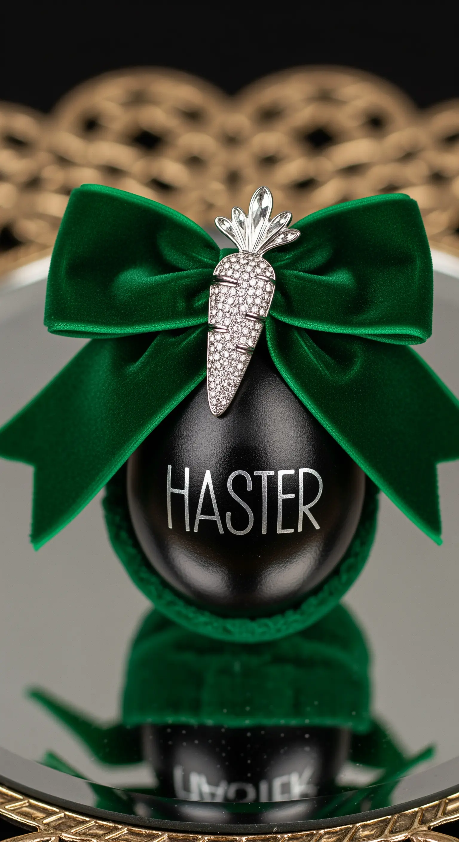 Segnaposto di lusso con uovo nero, fiocco in velluto e spilla a forma di carota.