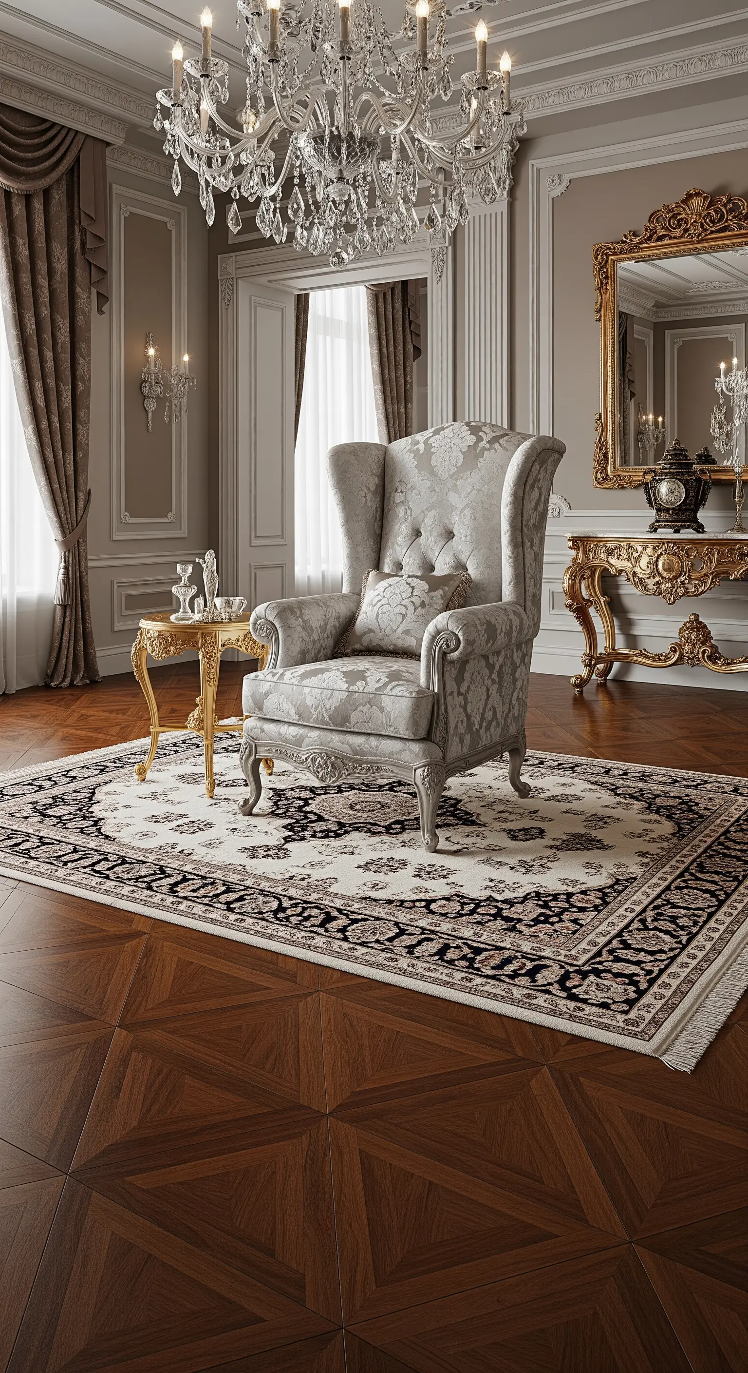 Salotto sfarzoso con poltrona barocca, lampadario di cristallo e dettagli dorati.