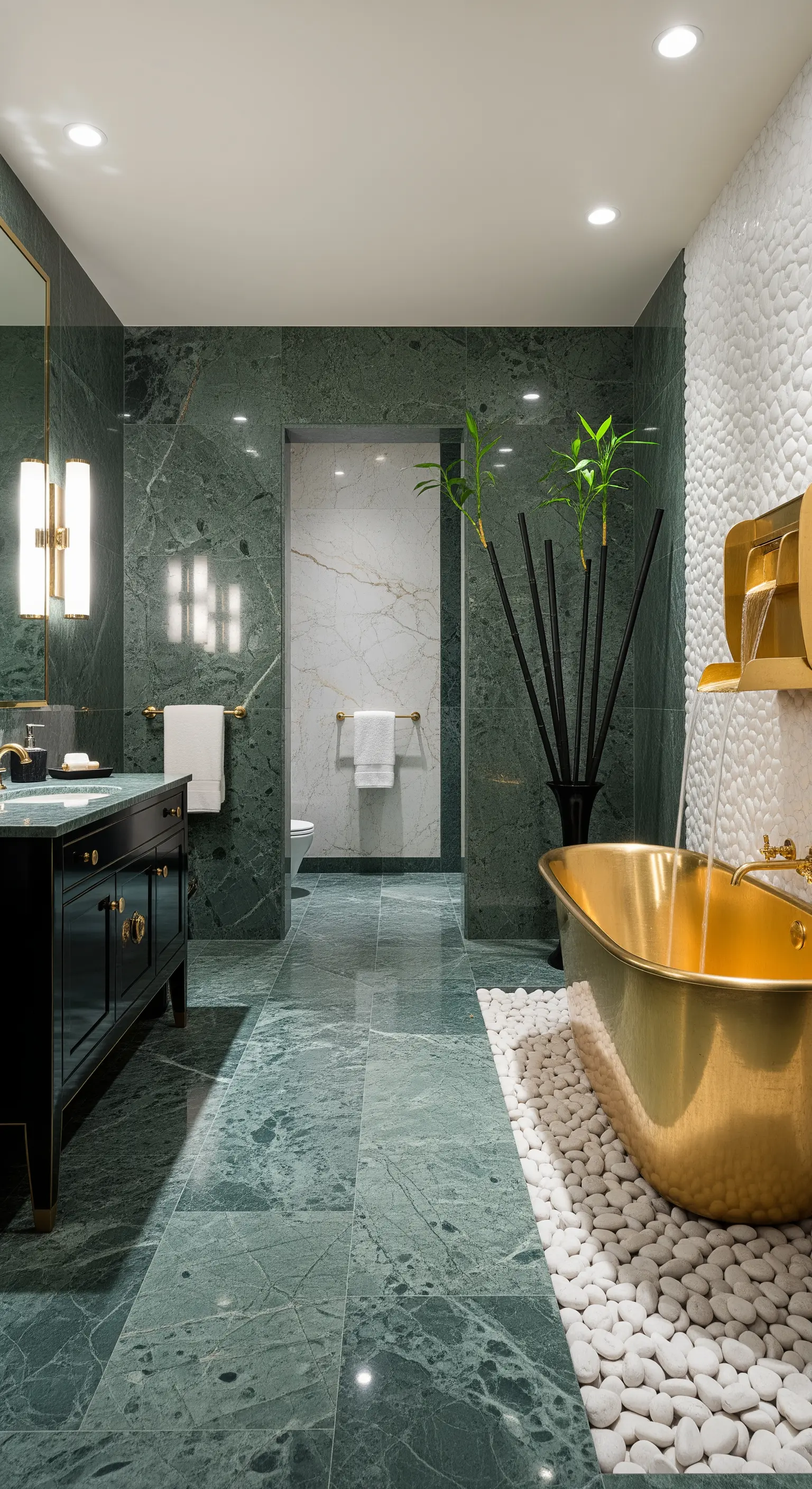 Bagno lussuoso con pareti in marmo verde, vasca dorata su un letto di ciottoli bianchi.