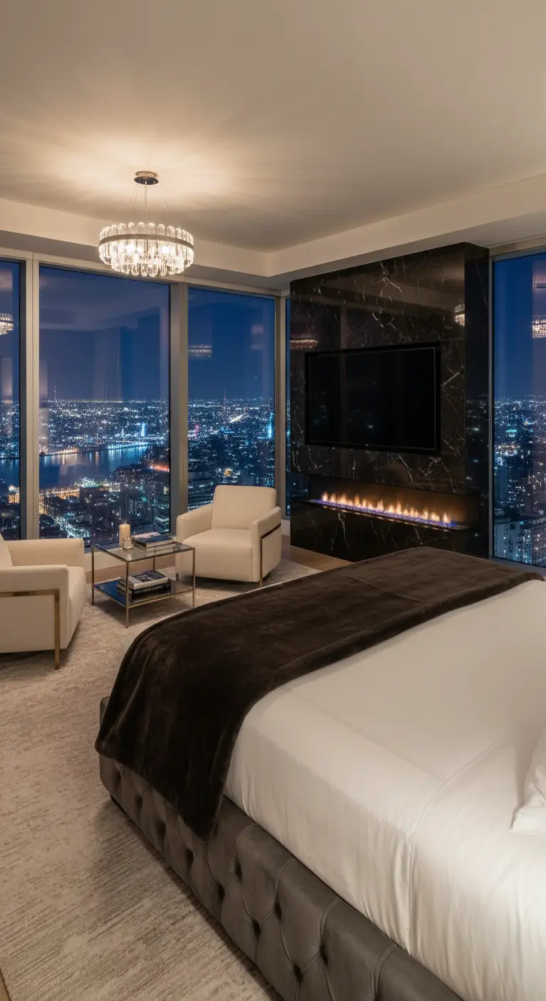 Camera da letto di lusso con camino in marmo nero e vista panoramica sulla città di notte.