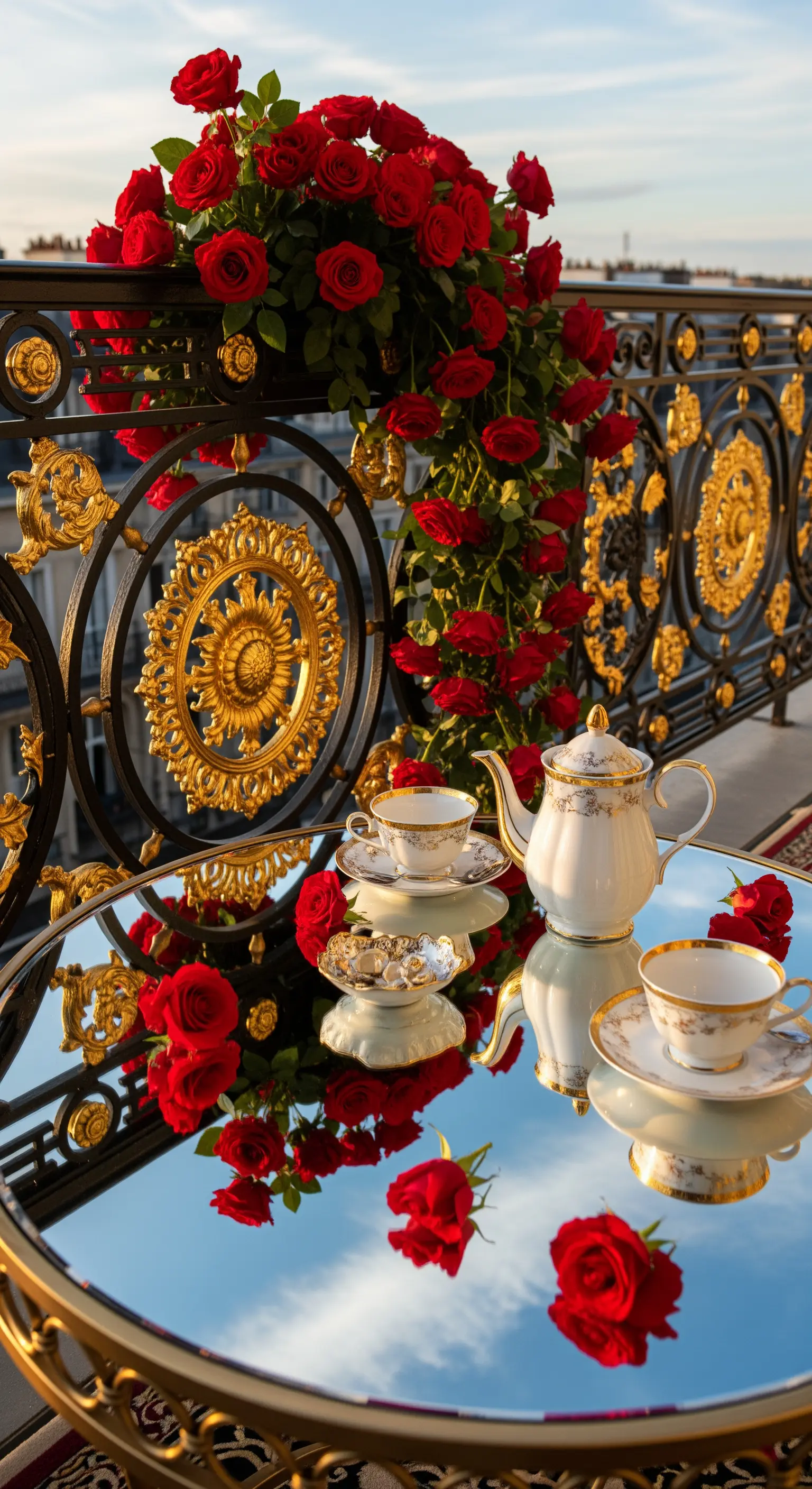 Balcone di lusso con ringhiera in ferro battuto nero e oro e un tavolo a specchio