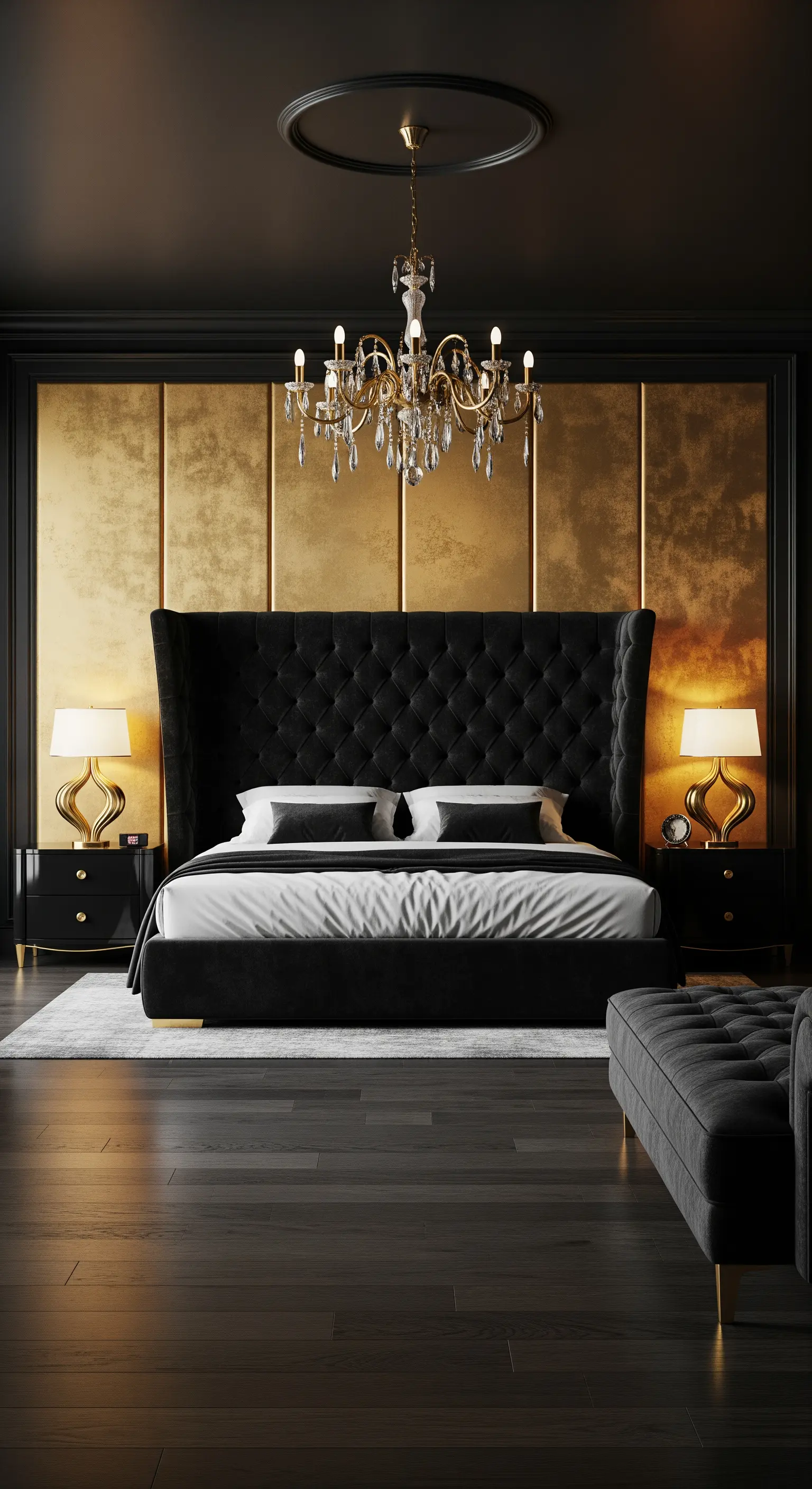 Testiera capitonné in velluto nero su una parete con pannelli dorati.