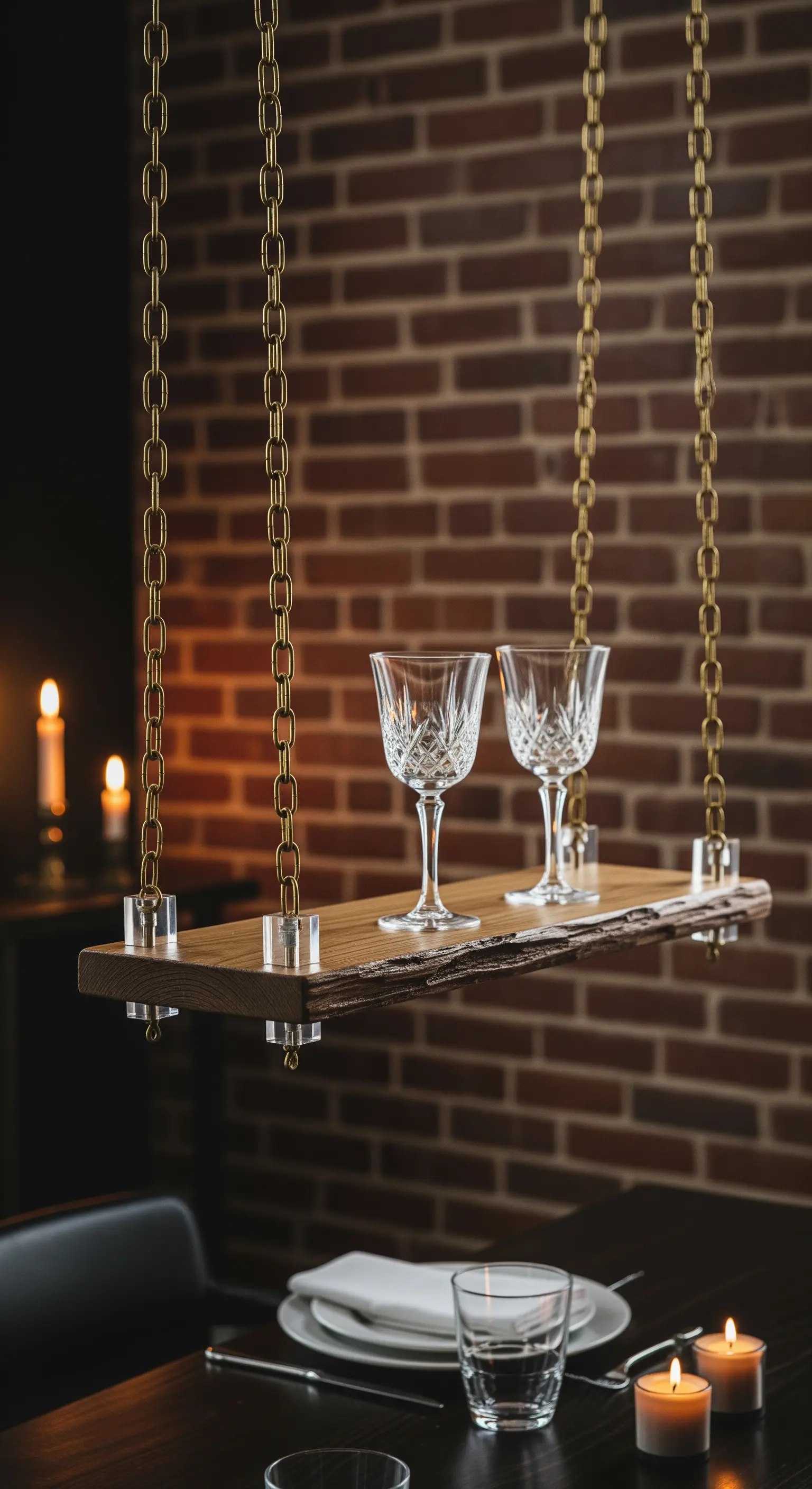 Spessa mensola in legno con bordo grezzo appesa con catene dorate sopra un tavolo.