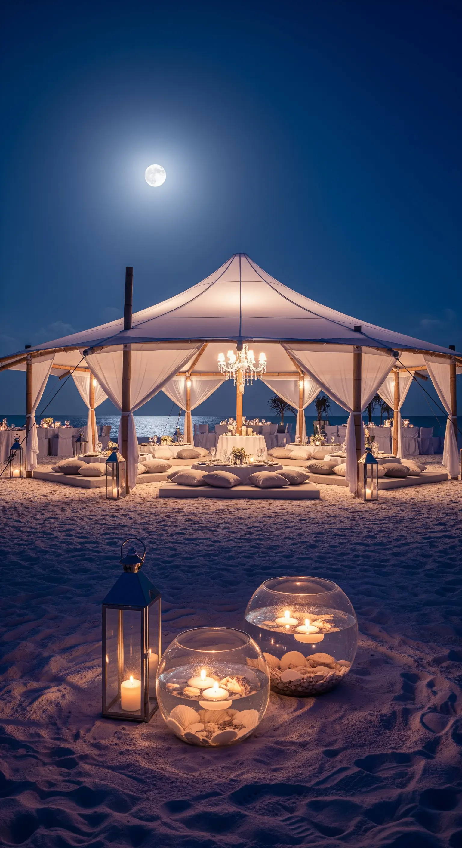 Elegante tendone da festa sulla spiaggia di notte, con lampadario e candele galleggianti.