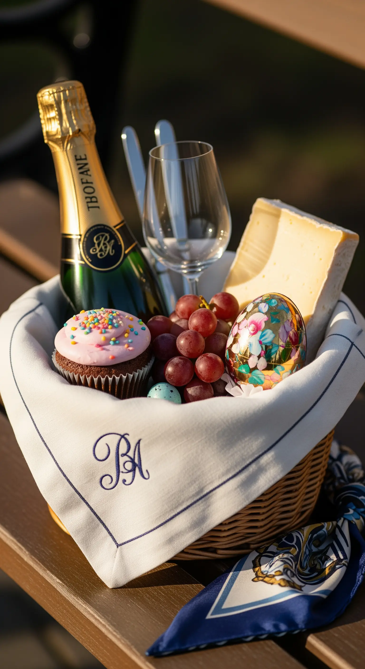 Cesto da picnic elegante con tovagliolo monogrammato, champagne, formaggio e un cupcake.