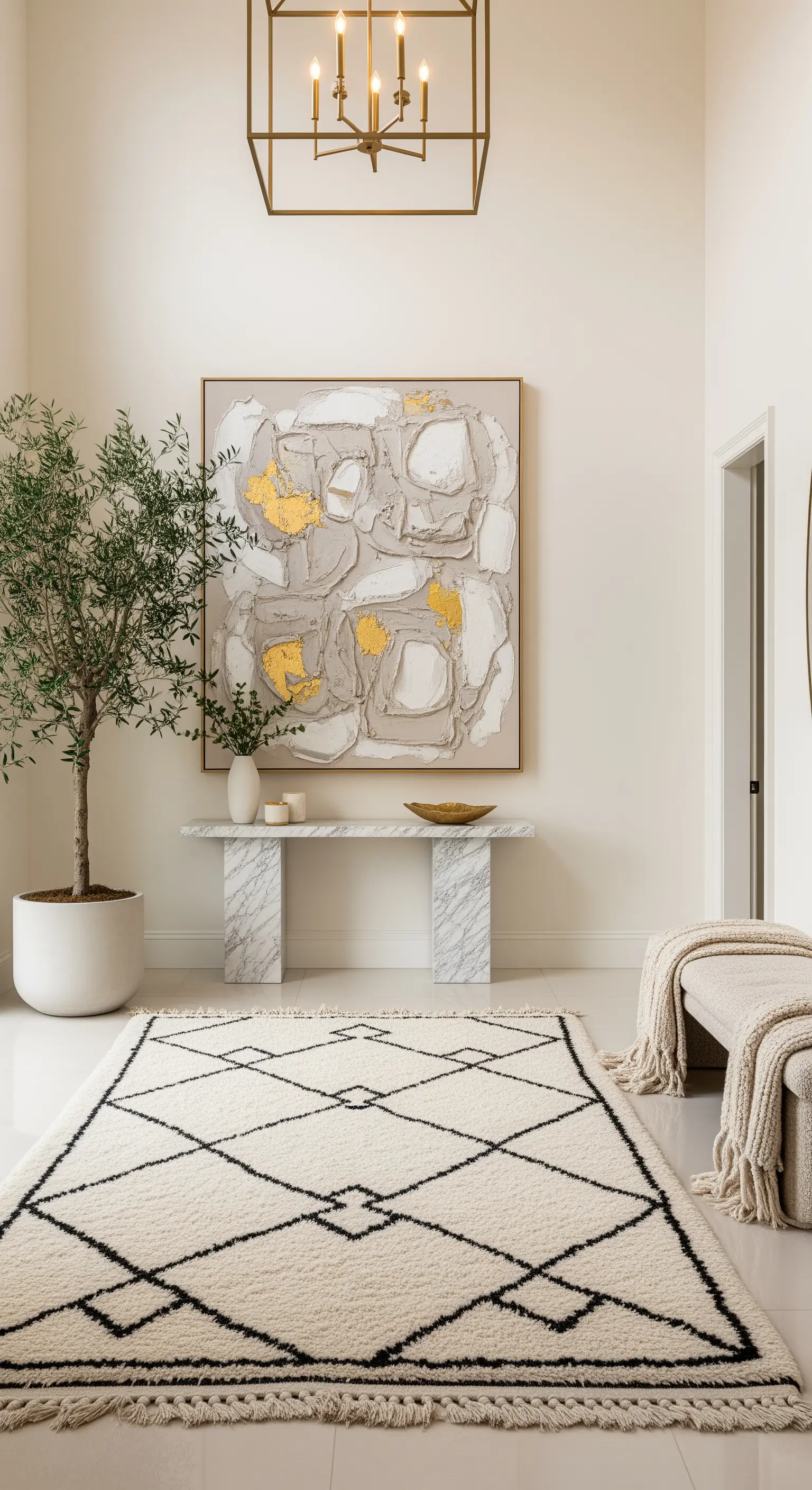Ingresso elegante con tappeto berbero, consolle in marmo e quadro astratto con dettagli dorati.