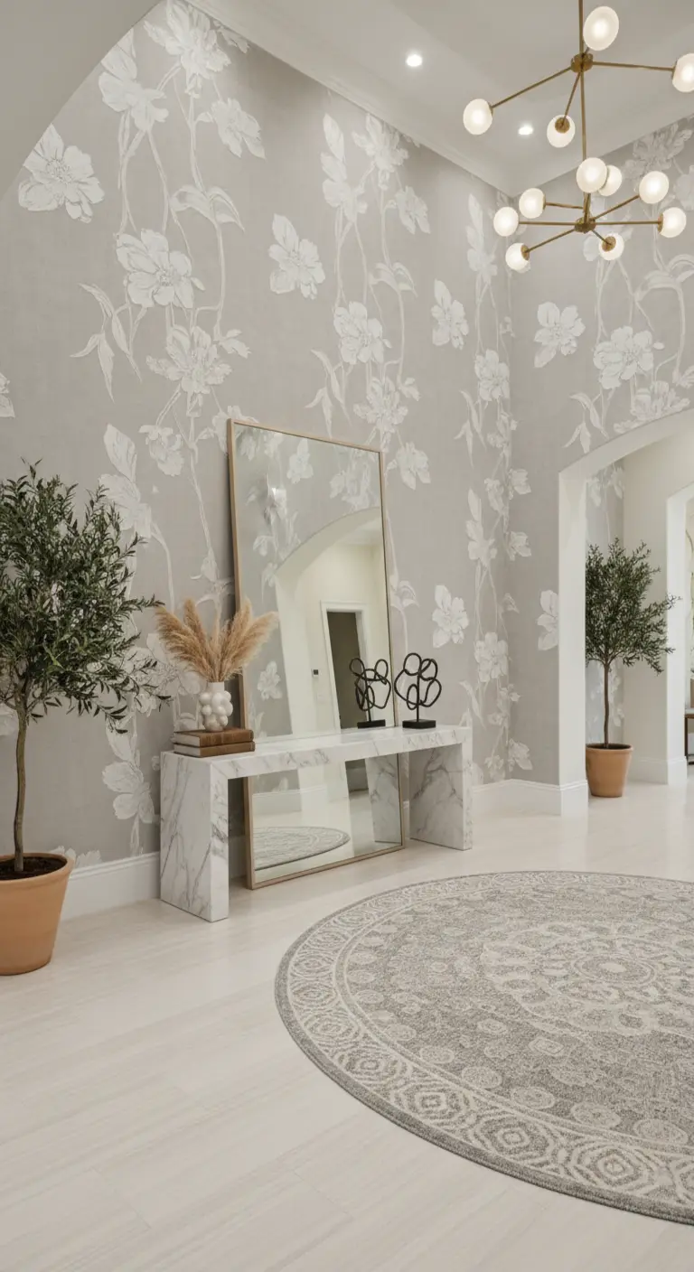 Ingresso elegante con carta da parati grigio perla, console in marmo e specchio a tutta altezza.