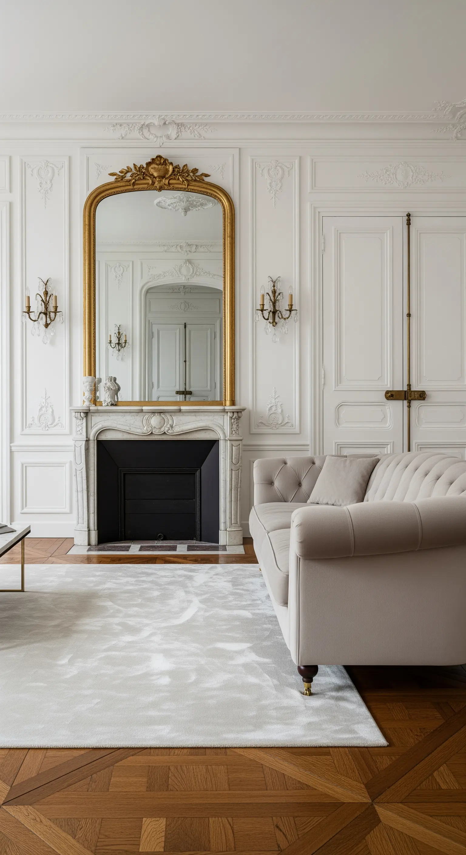 Salotto parigino con boiserie, specchio dorato e un tappeto chiaro e luminoso su parquet