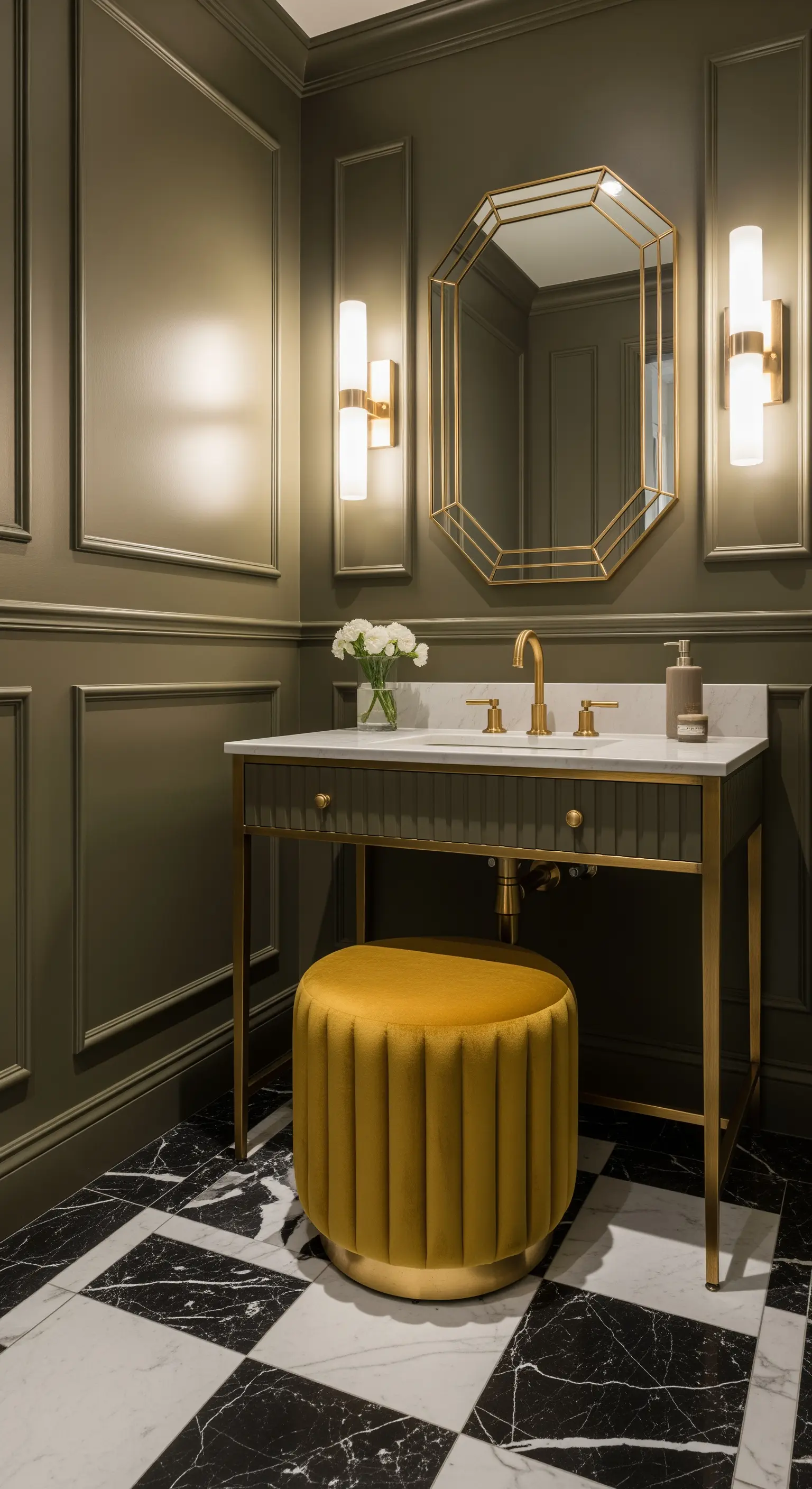 Bagno elegante con boiserie verde oliva, dettagli in ottone e un pouf in velluto senape.