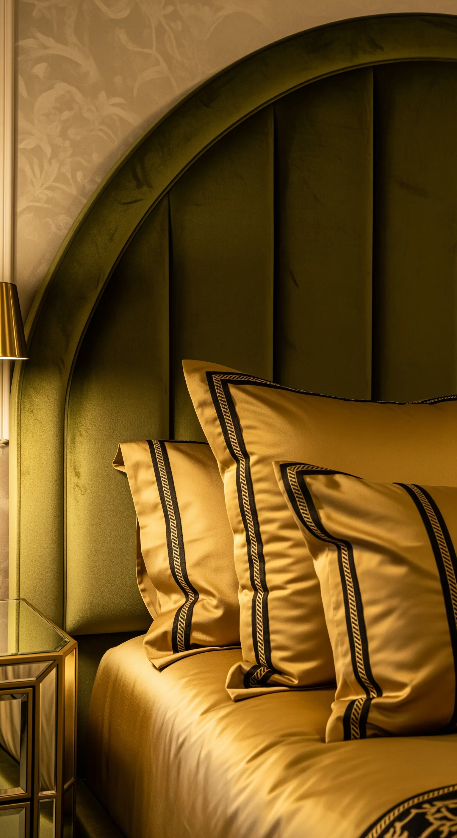 Dettaglio di un letto di lusso con testiera in velluto verde e lenzuola di seta dorata.