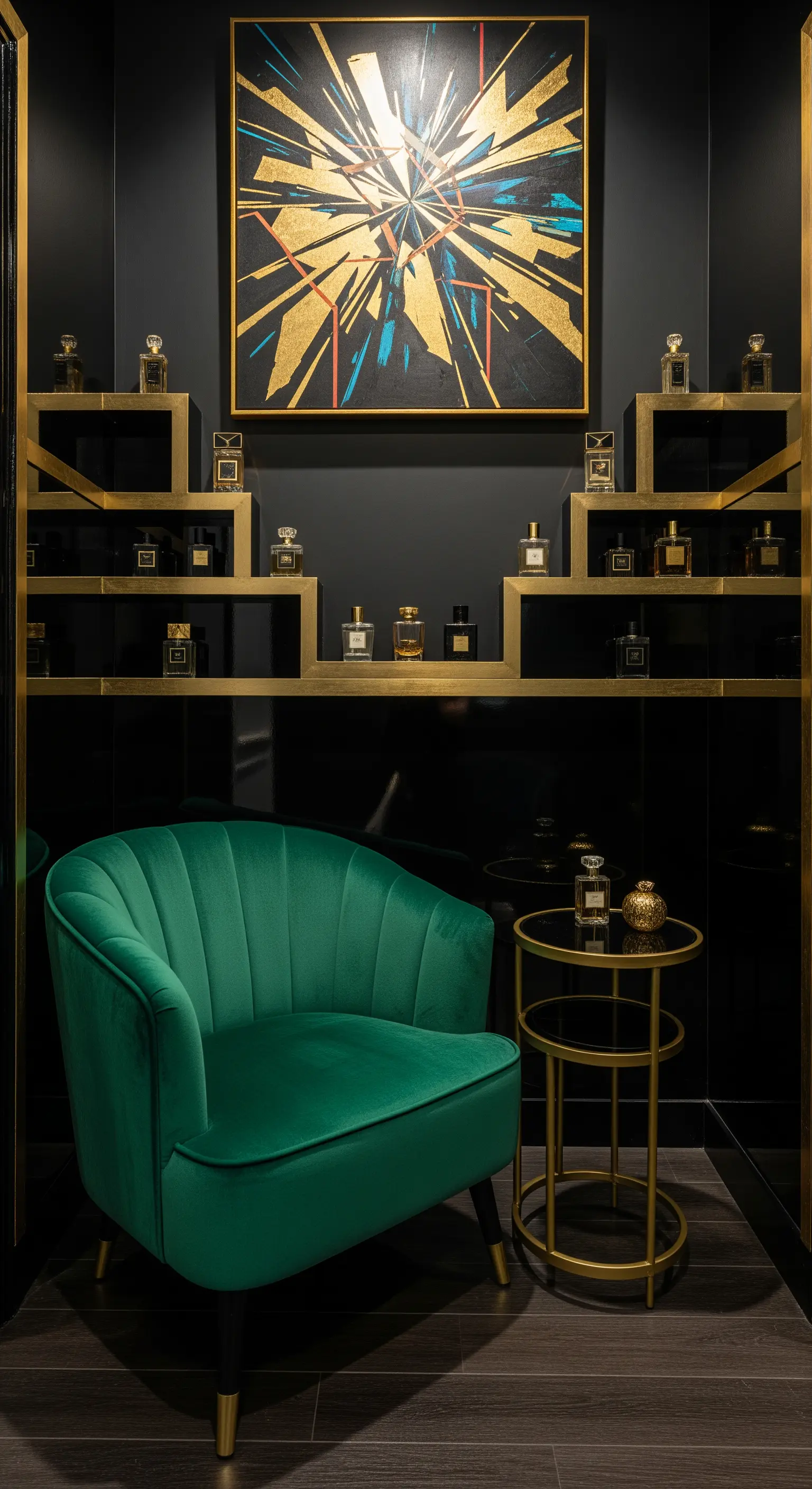 Parete nera con mensole dorate, poltrona in velluto verde e quadro astratto con dettagli oro.