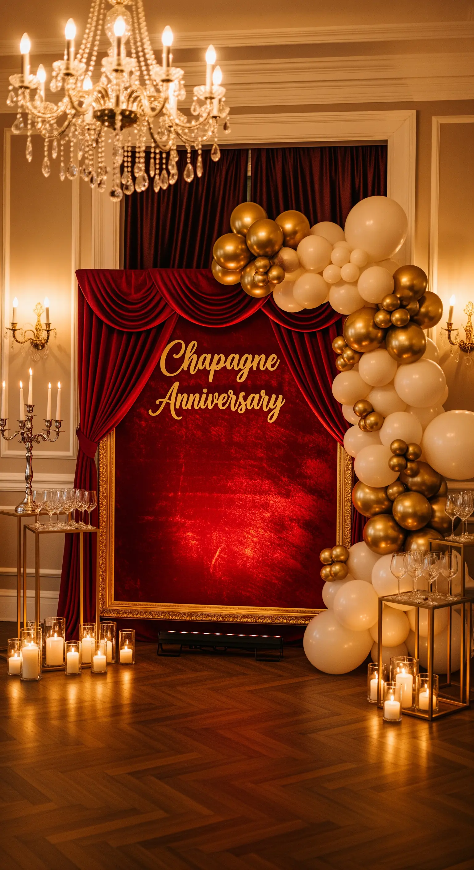 Backdrop in velluto rosso con cornice dorata, palloncini bianchi e oro, e candele.