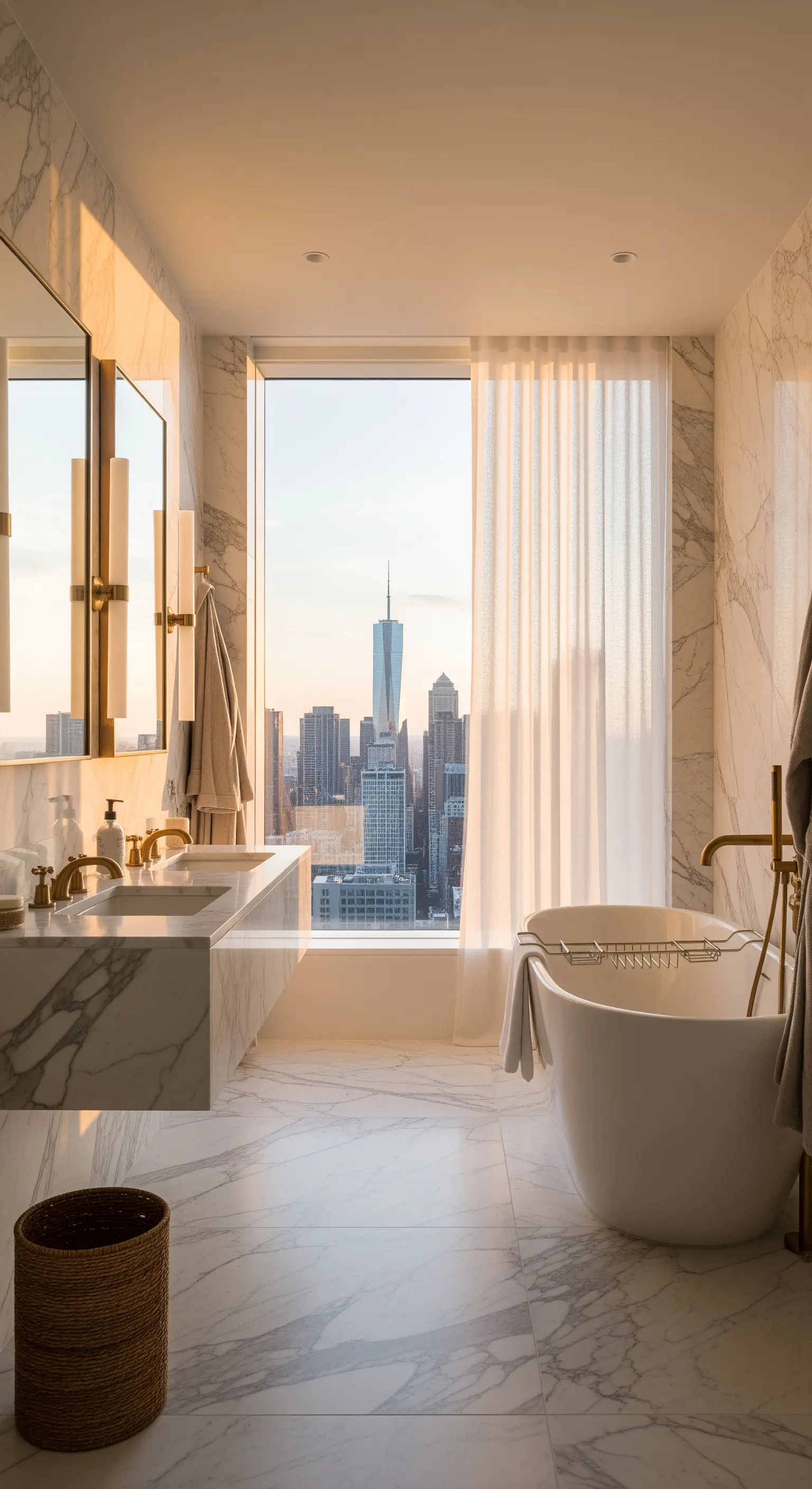 Bagno di lusso in marmo con rubinetteria dorata e vista sullo skyline di una città al tramonto.