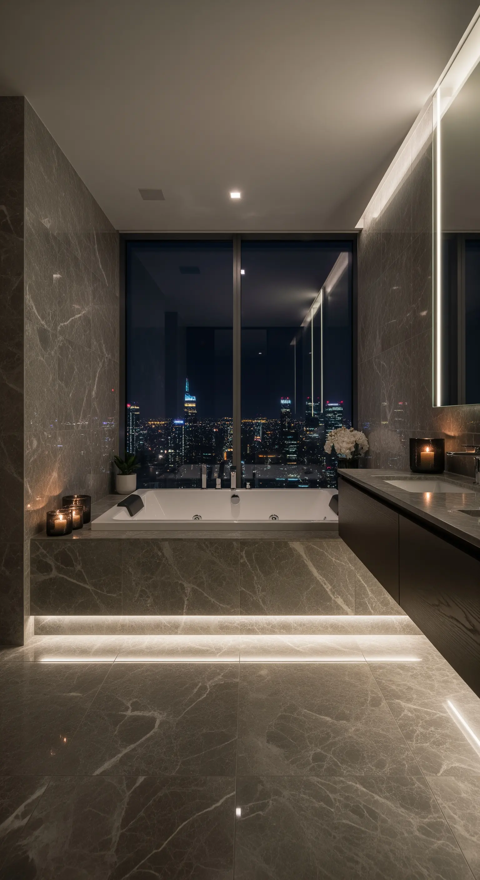Bagno di lusso in marmo con vasca idromassaggio affacciata sullo skyline notturno.