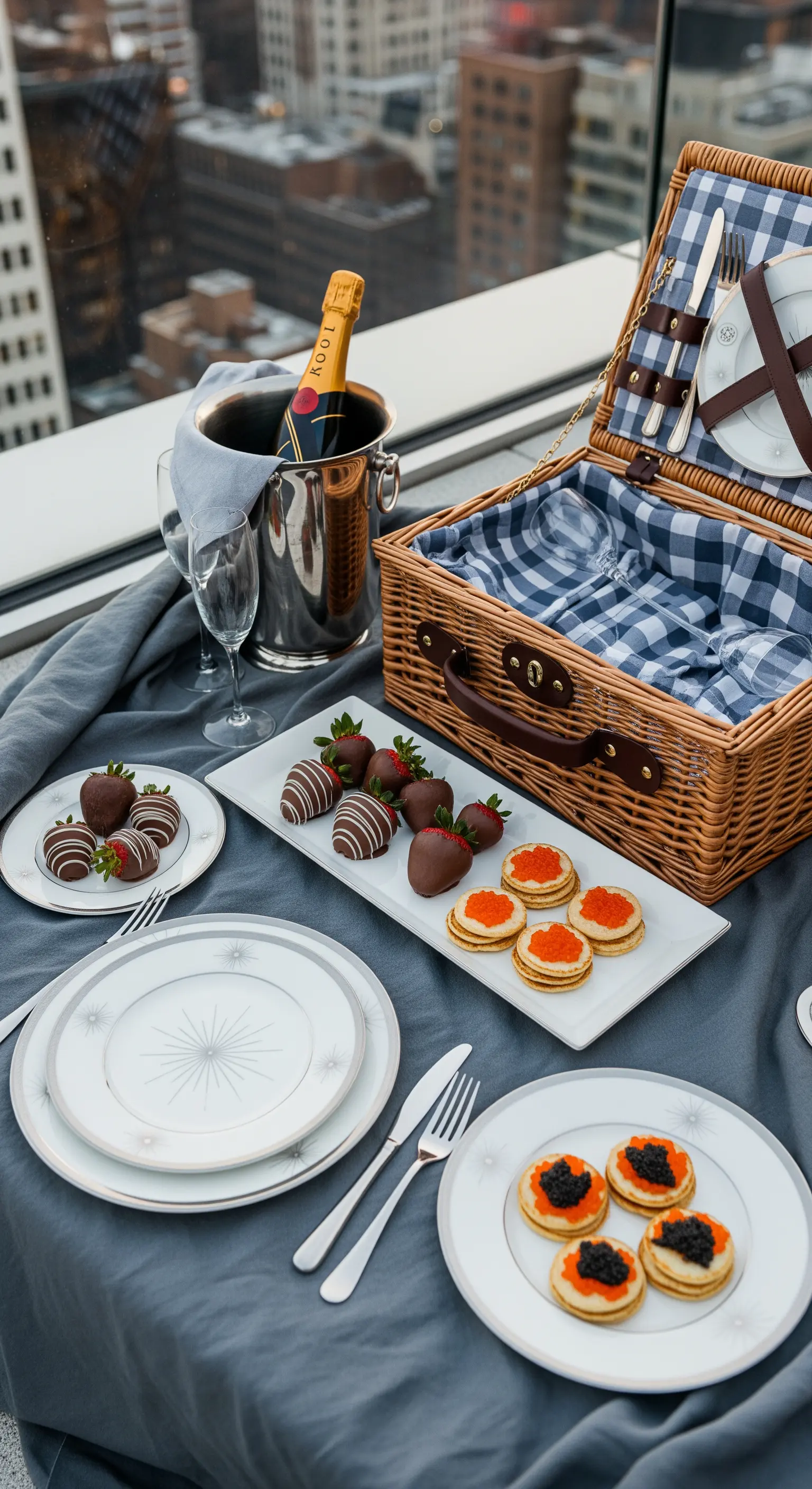 Picnic di lusso su un rooftop con champagne, caviale e fragole al cioccolato.