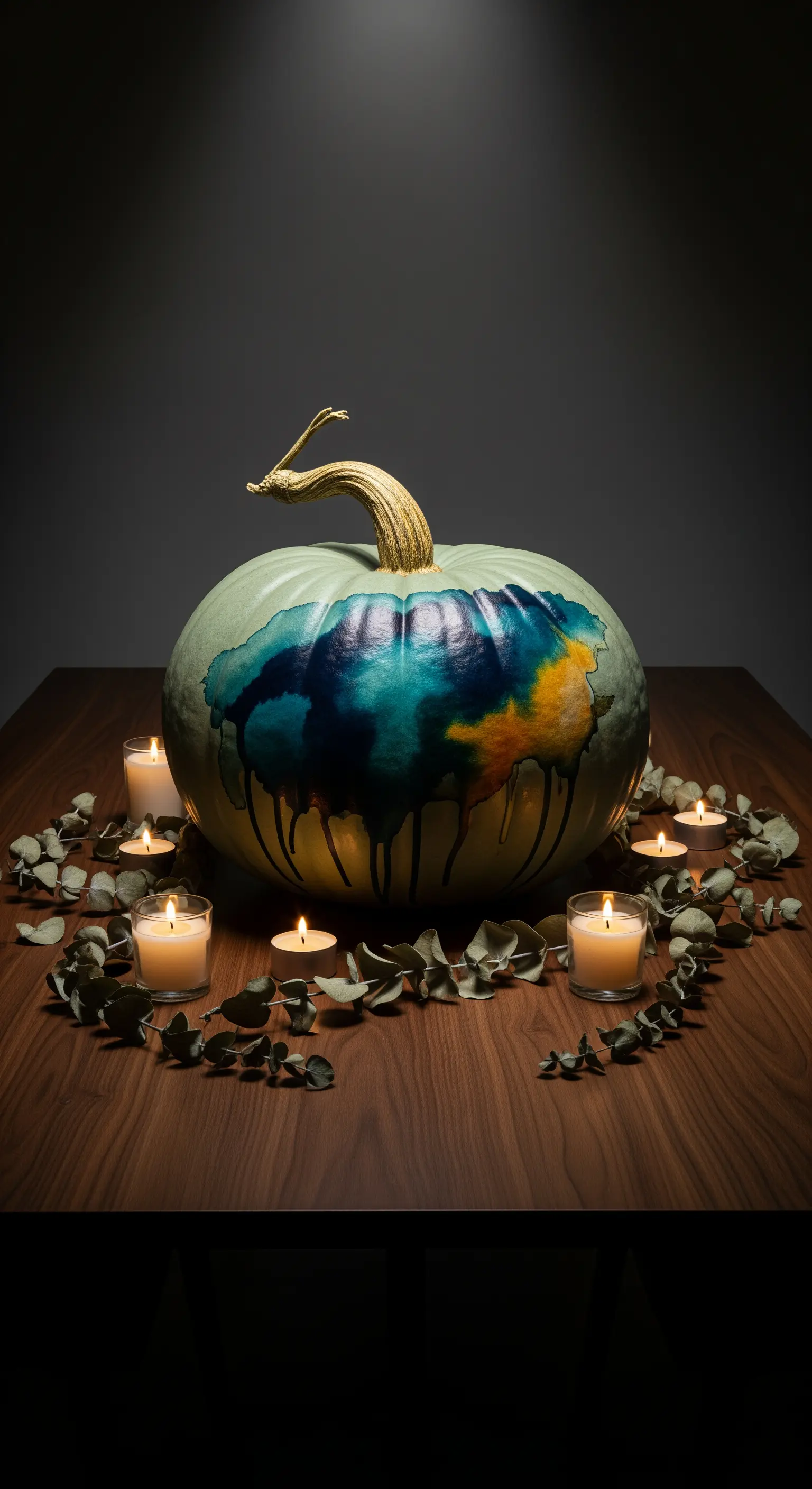 Zucca verde salvia con colature di vernice blu e ocra, circondata da candele e foglie di eucalipto.