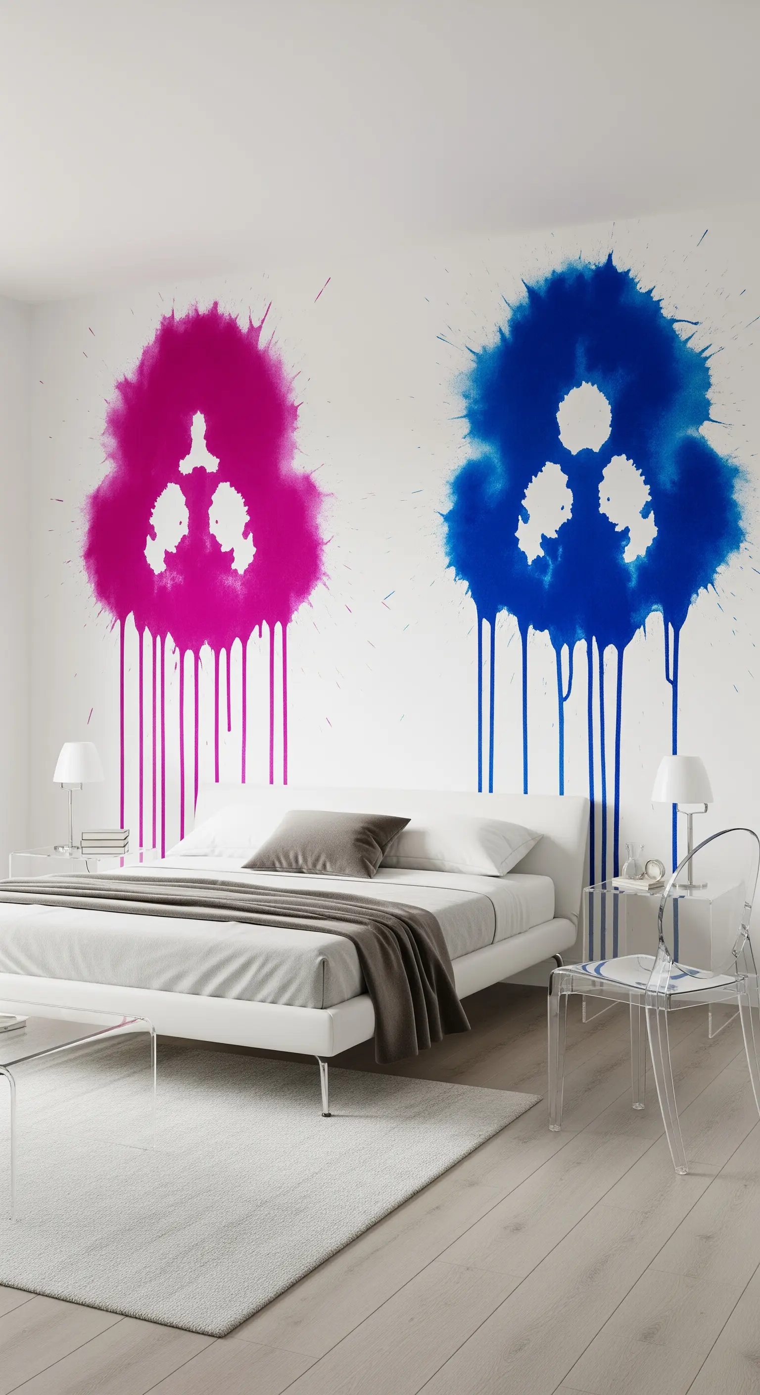 Camera da letto bianca e minimalista con due grandi macchie di colore fucsia e blu sulla parete.