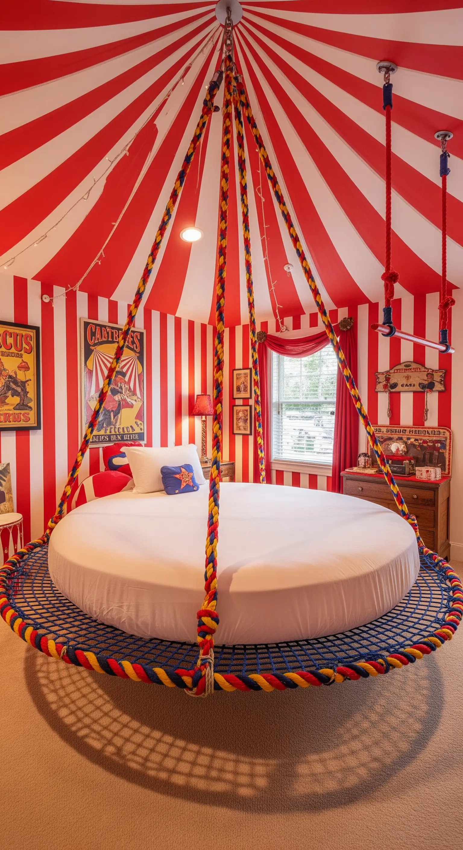 Letto rotondo sospeso con corde colorate sotto un soffitto a righe da tendone da circo.