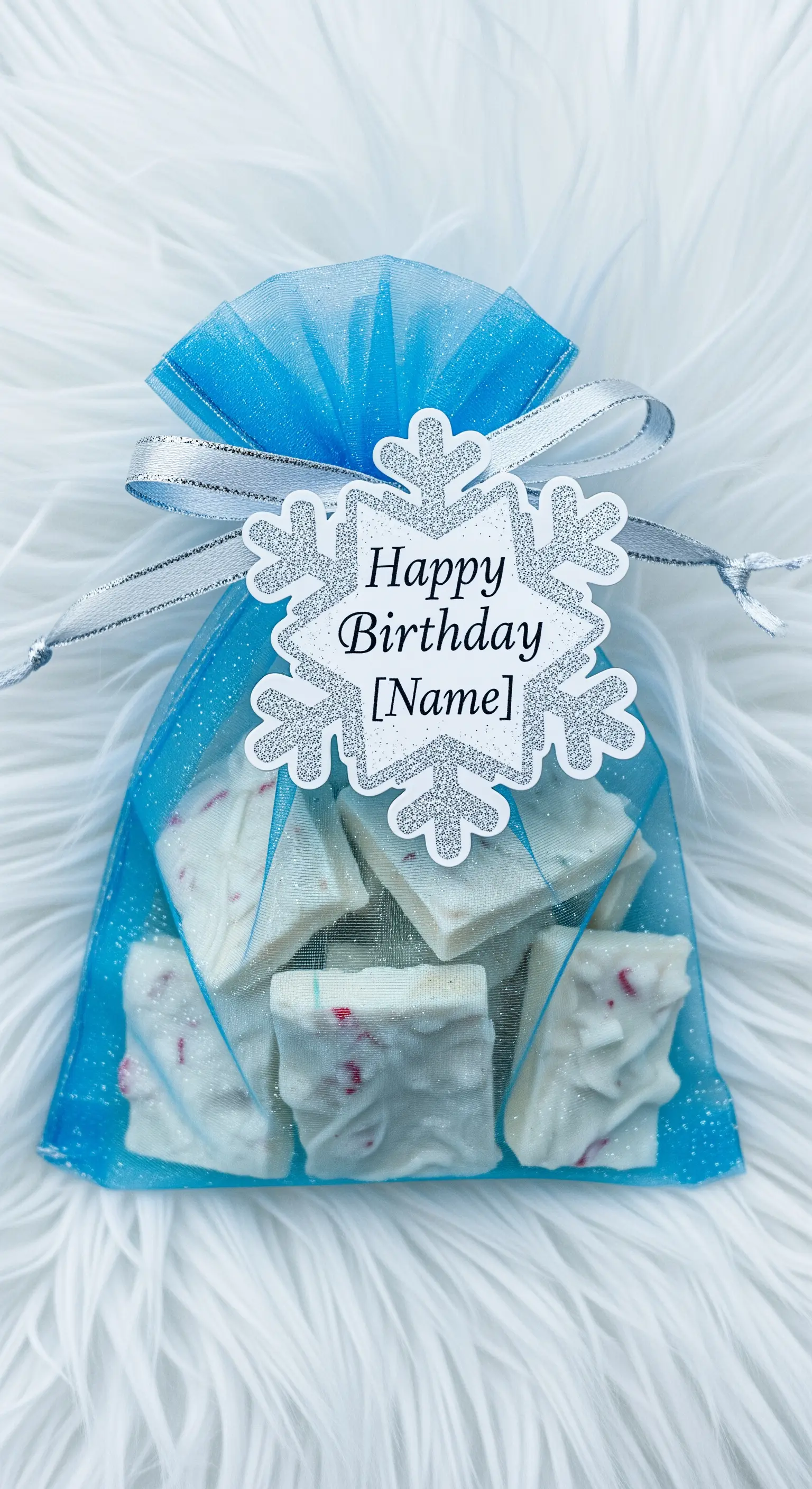 Sacchetto di organza blu con cioccolato bianco e un'etichetta a forma di fiocco di neve.