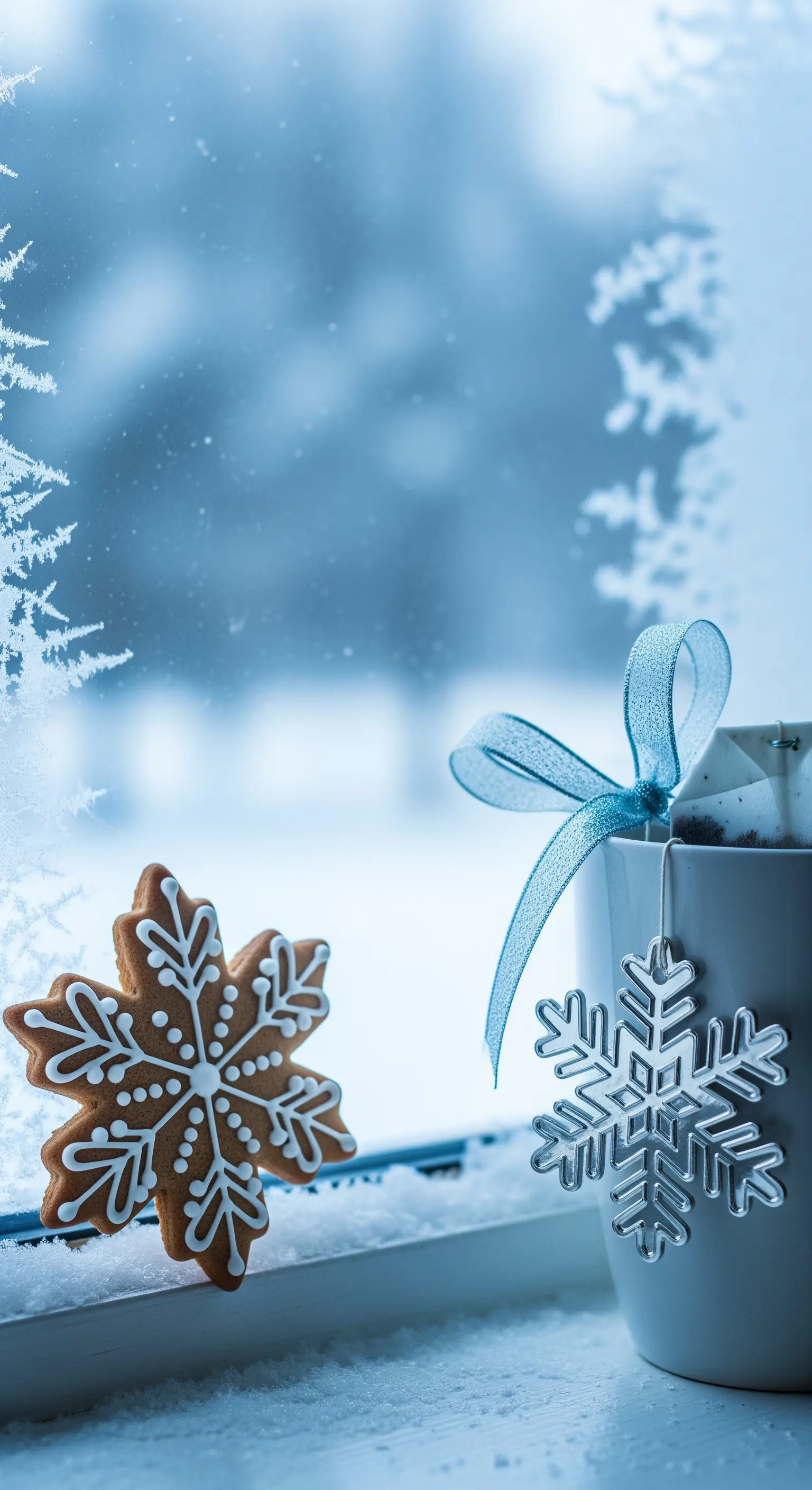 Biscotto a forma di fiocco di neve appoggiato a una tazza vicino a una finestra ghiacciata.