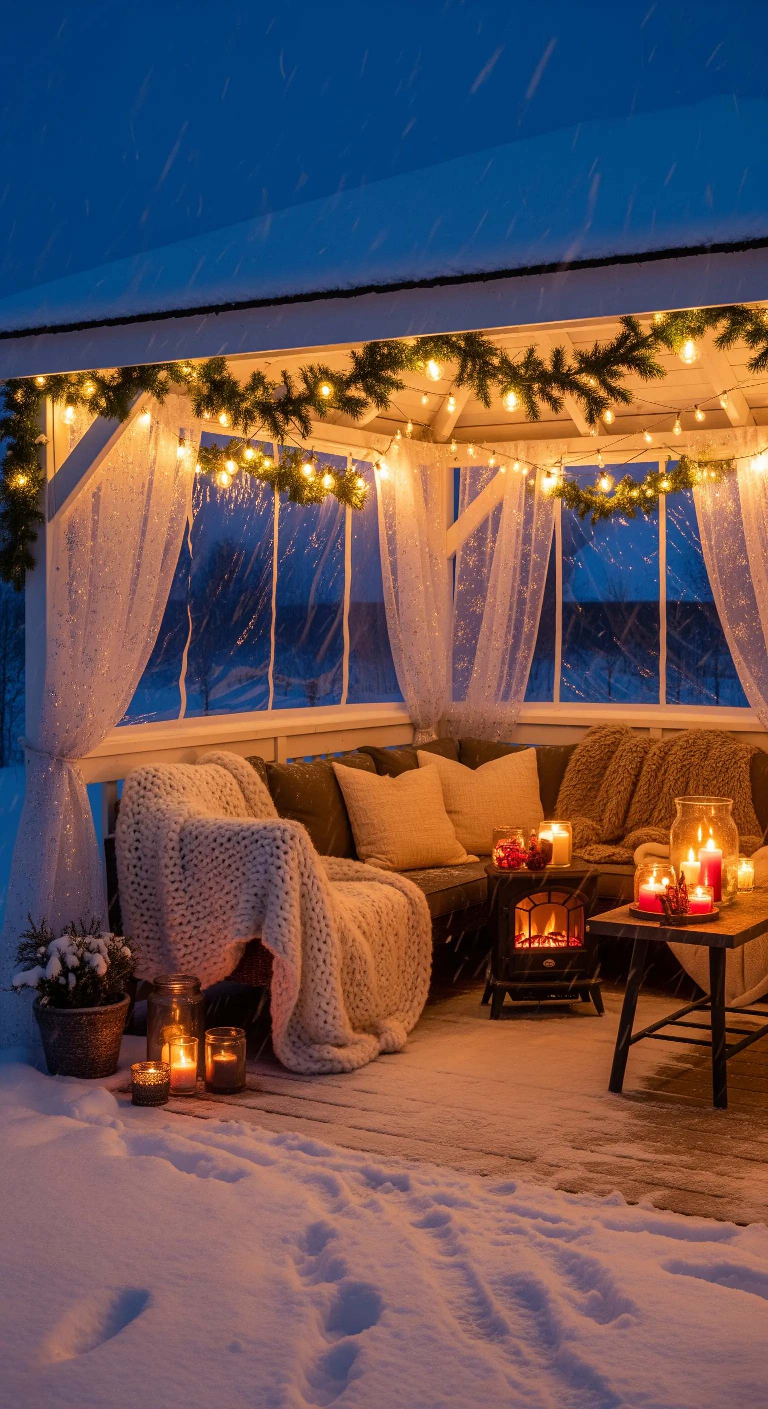 Gazebo in legno coperto di neve, riscaldato da coperte, luci e un piccolo fuoco elettrico.