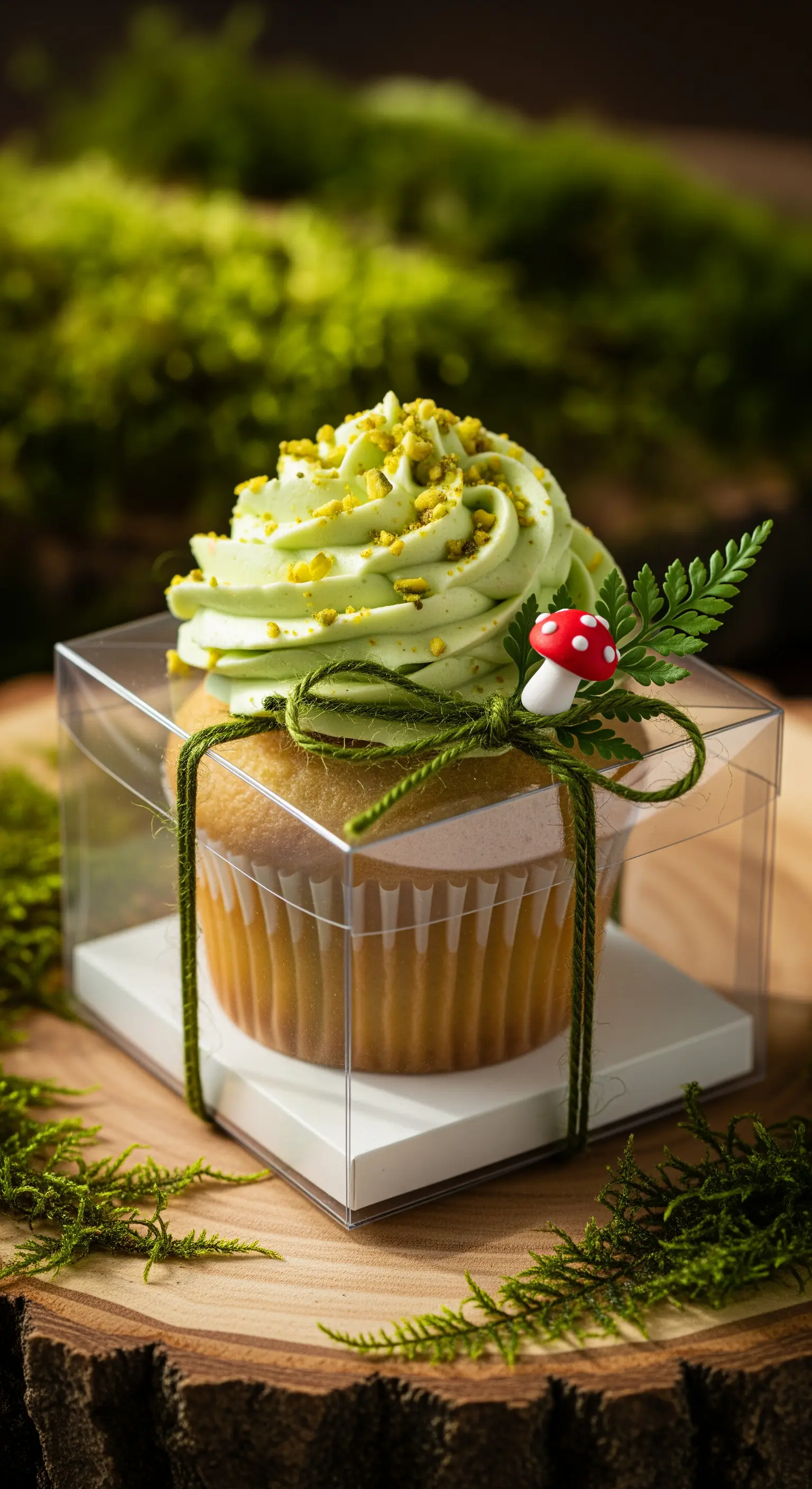 Cupcake con glassa verde pistacchio, legato con spago verde e decorato con un funghetto.