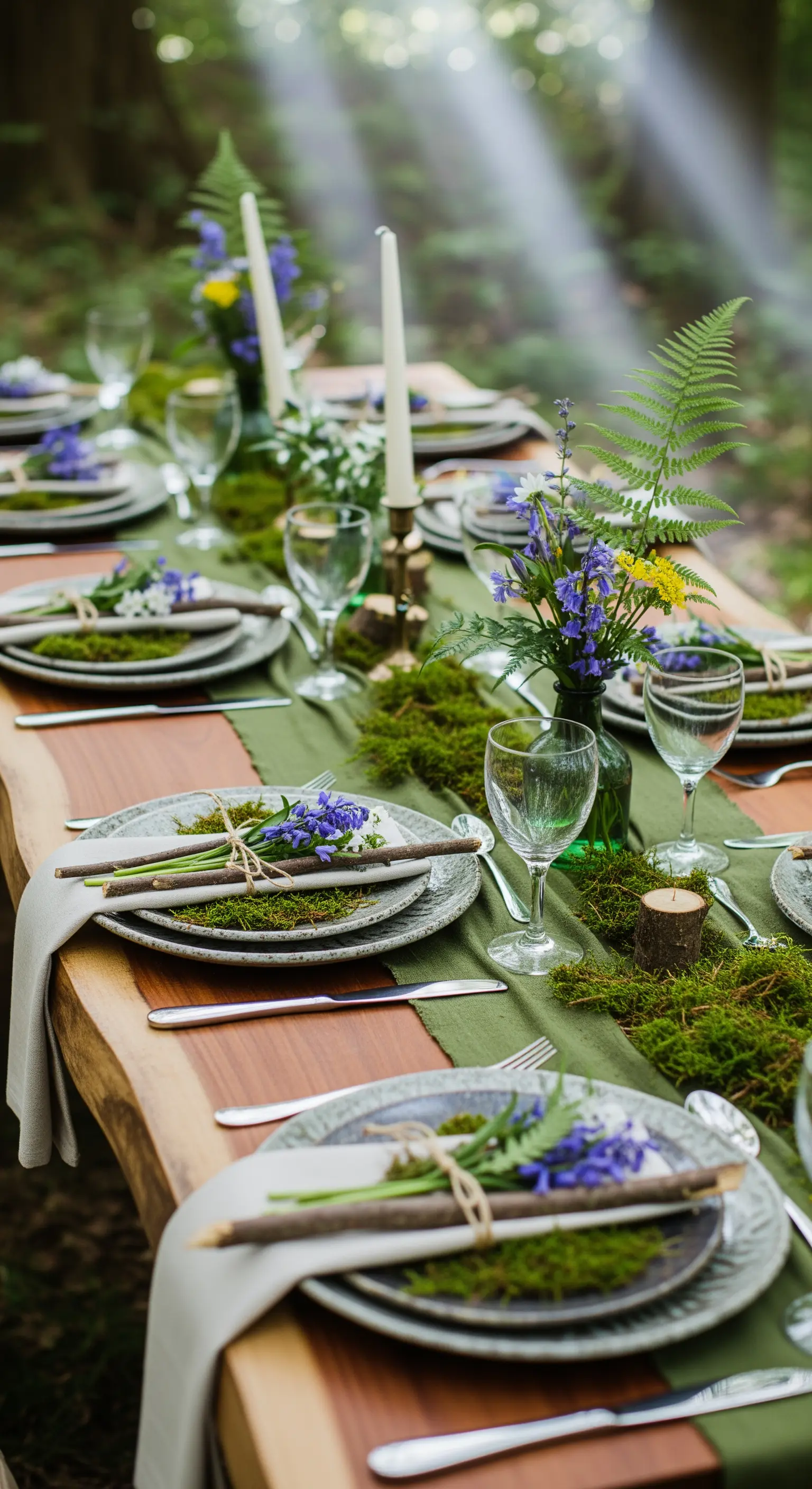 Tavola nel bosco con un runner di muschio, felci, fiori blu e dettagli in legno grezzo.