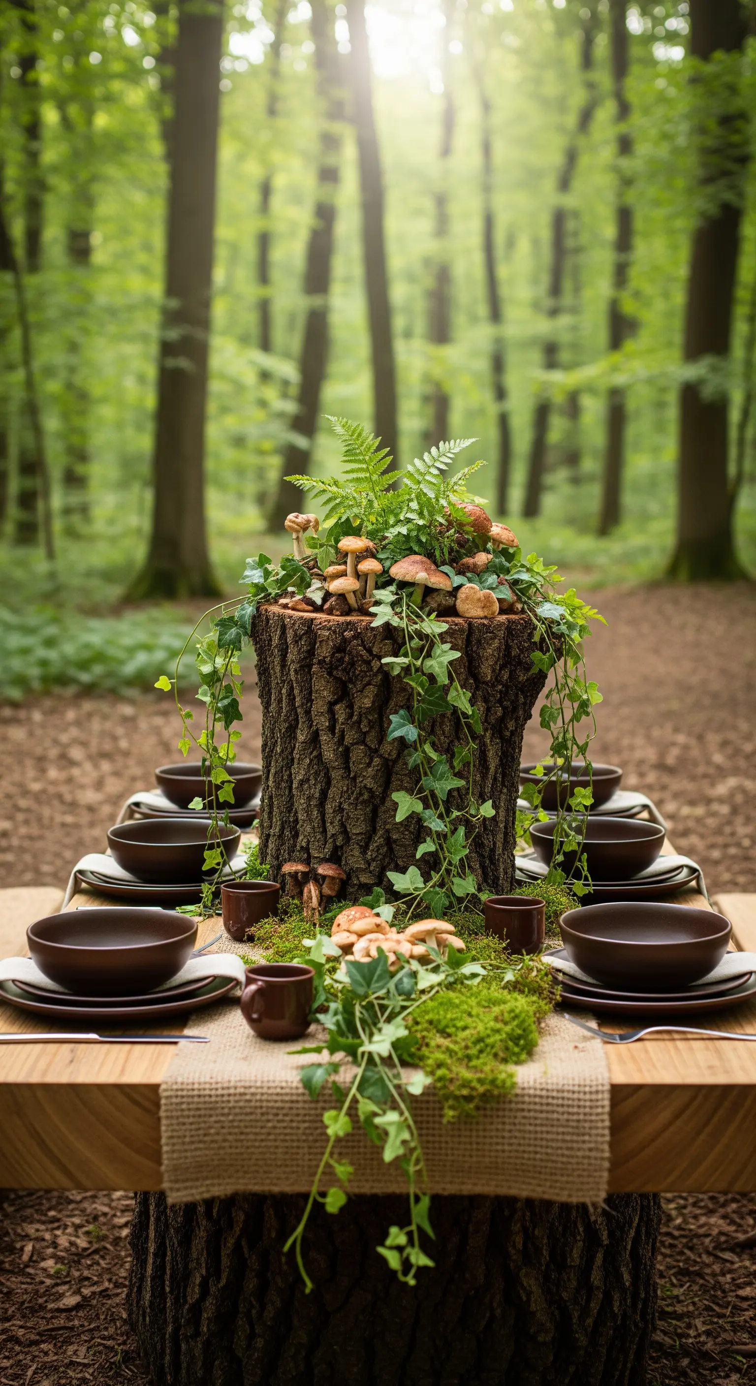 Centrotavola a forma di ceppo di legno decorato con muschio, funghi e felci.