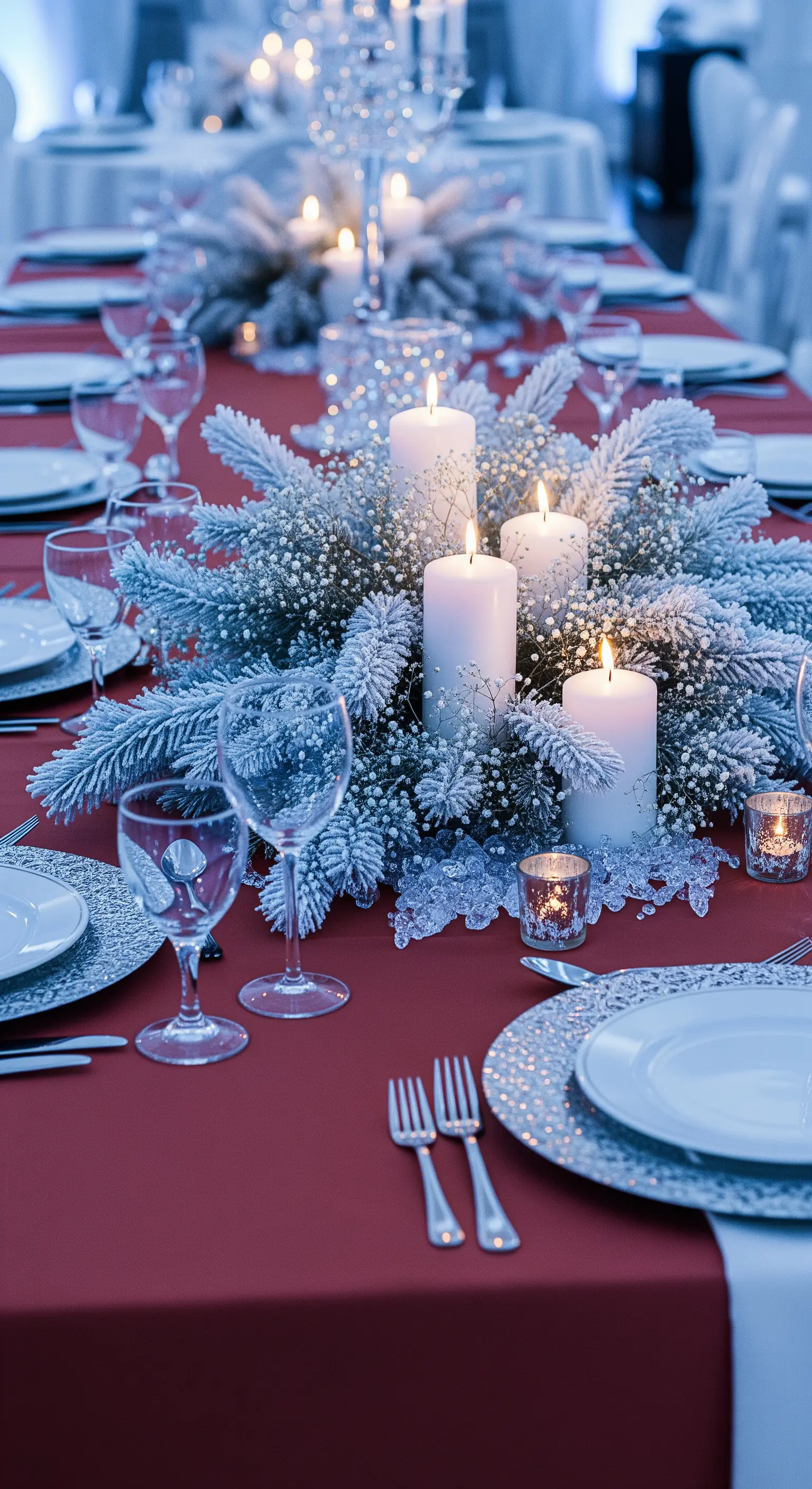 Centrotavola innevato con rami di pino e candele su tovaglia rossa.