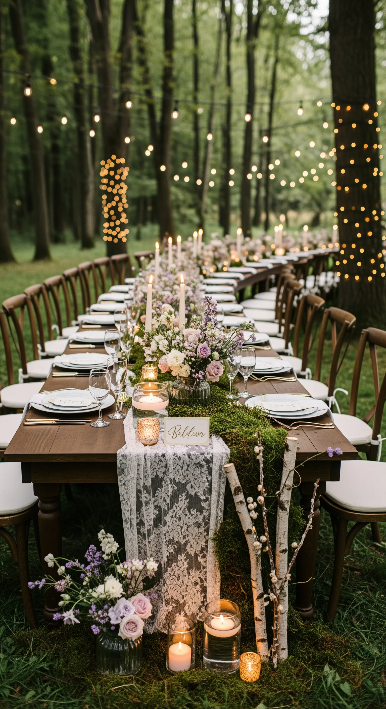 Tavola nuziale nel bosco con runner di pizzo e muschio, tronchi di betulla e lucine.