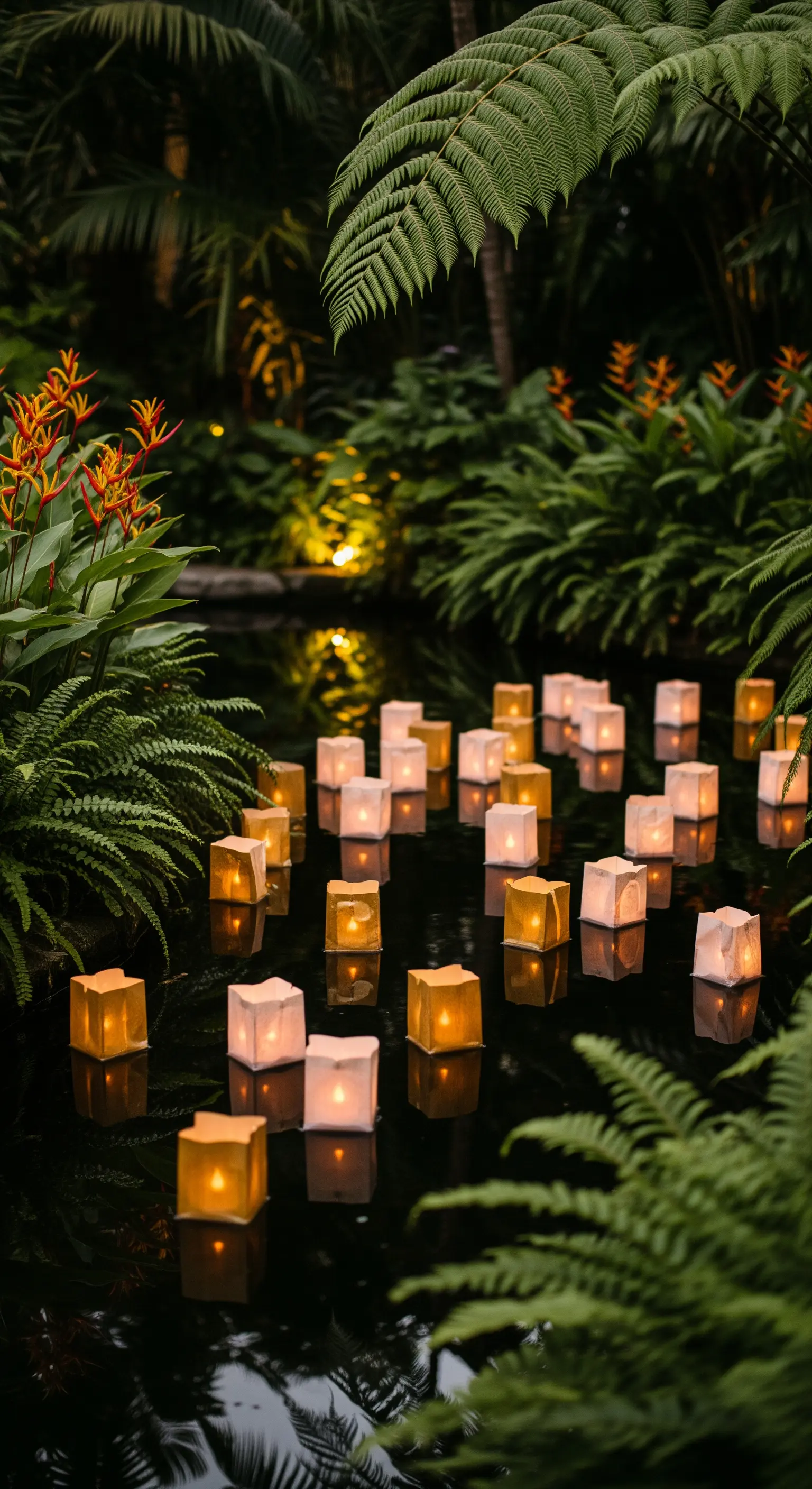 Lanterne di carta cubiche che galleggiano su un laghetto circondato da vegetazione tropicale.