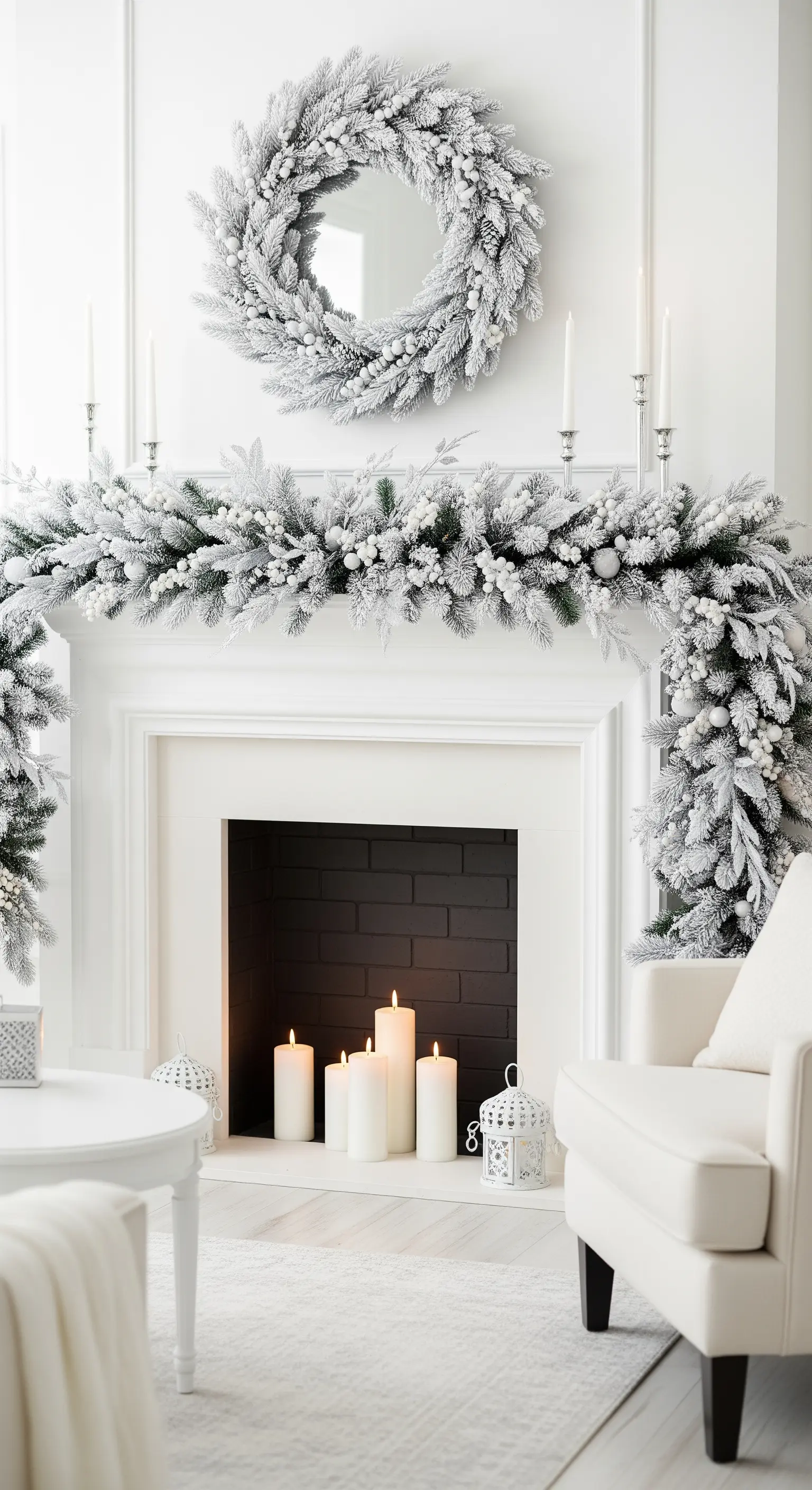 Camino decorato con ghirlanda e corona innevate, candele e lanterne bianche.
