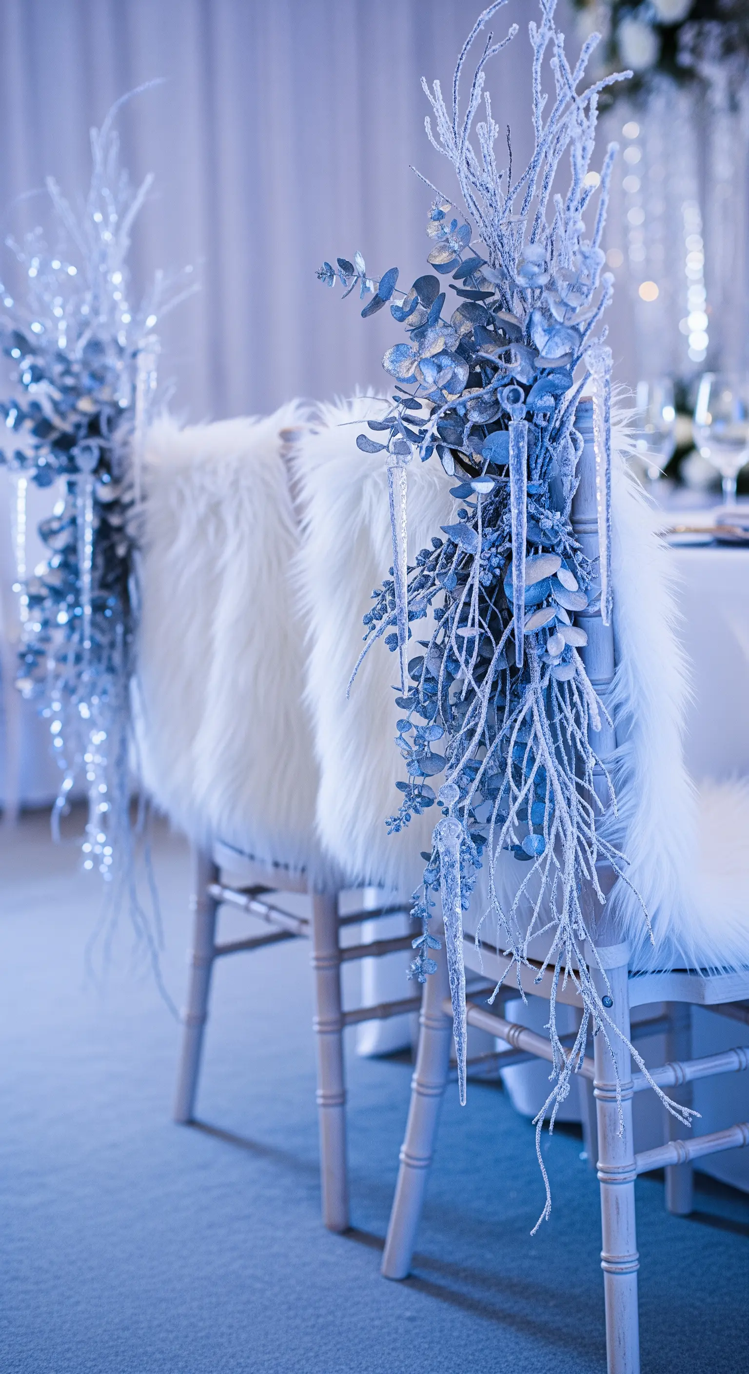 Sedie con coperture in pelliccia bianca e decorazioni di rami ghiacciati e cristalli.
