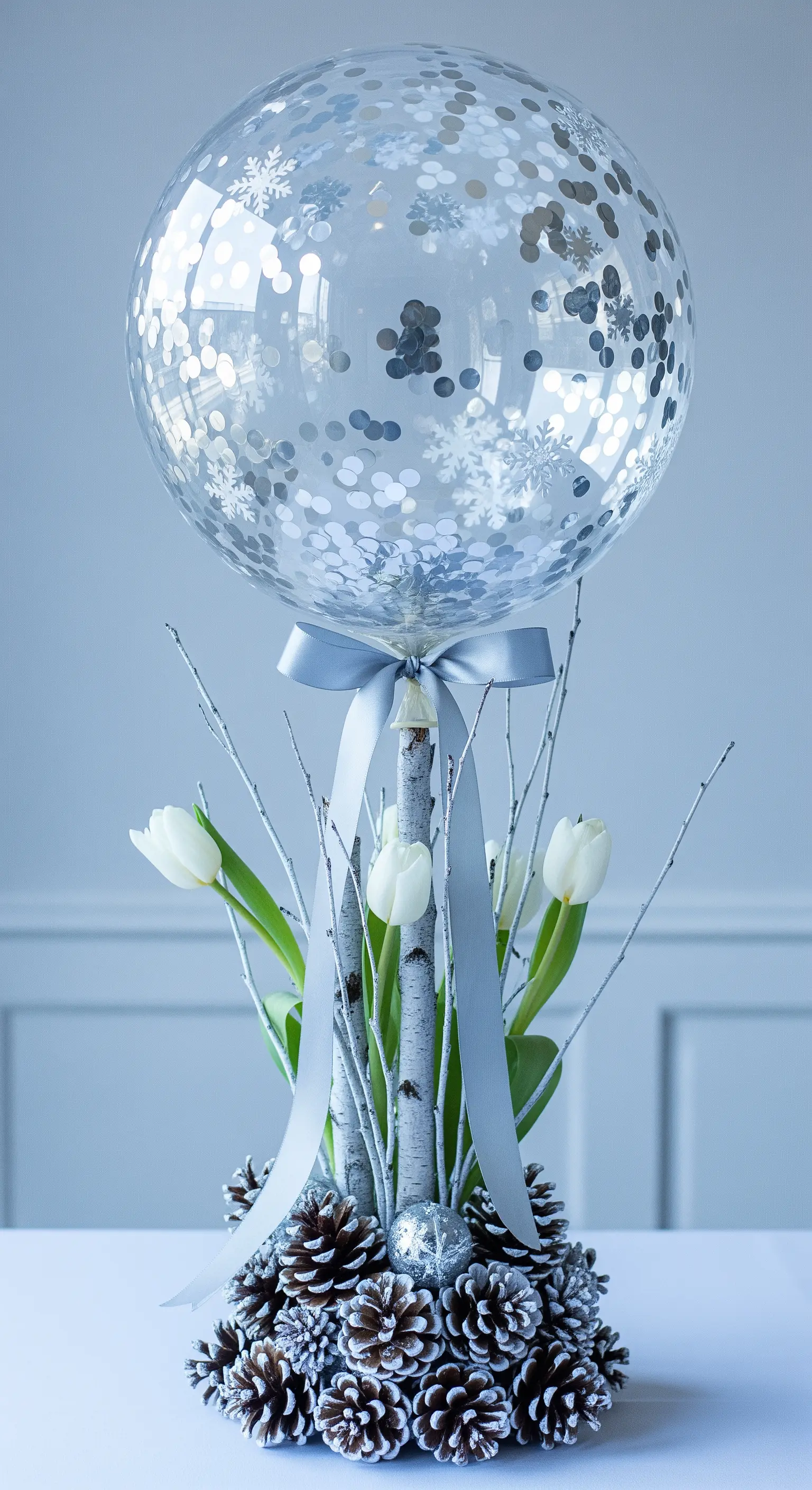 Centrotavola invernale con palloncino a fiocchi di neve, rami di betulla, pigne e tulipani bianchi.