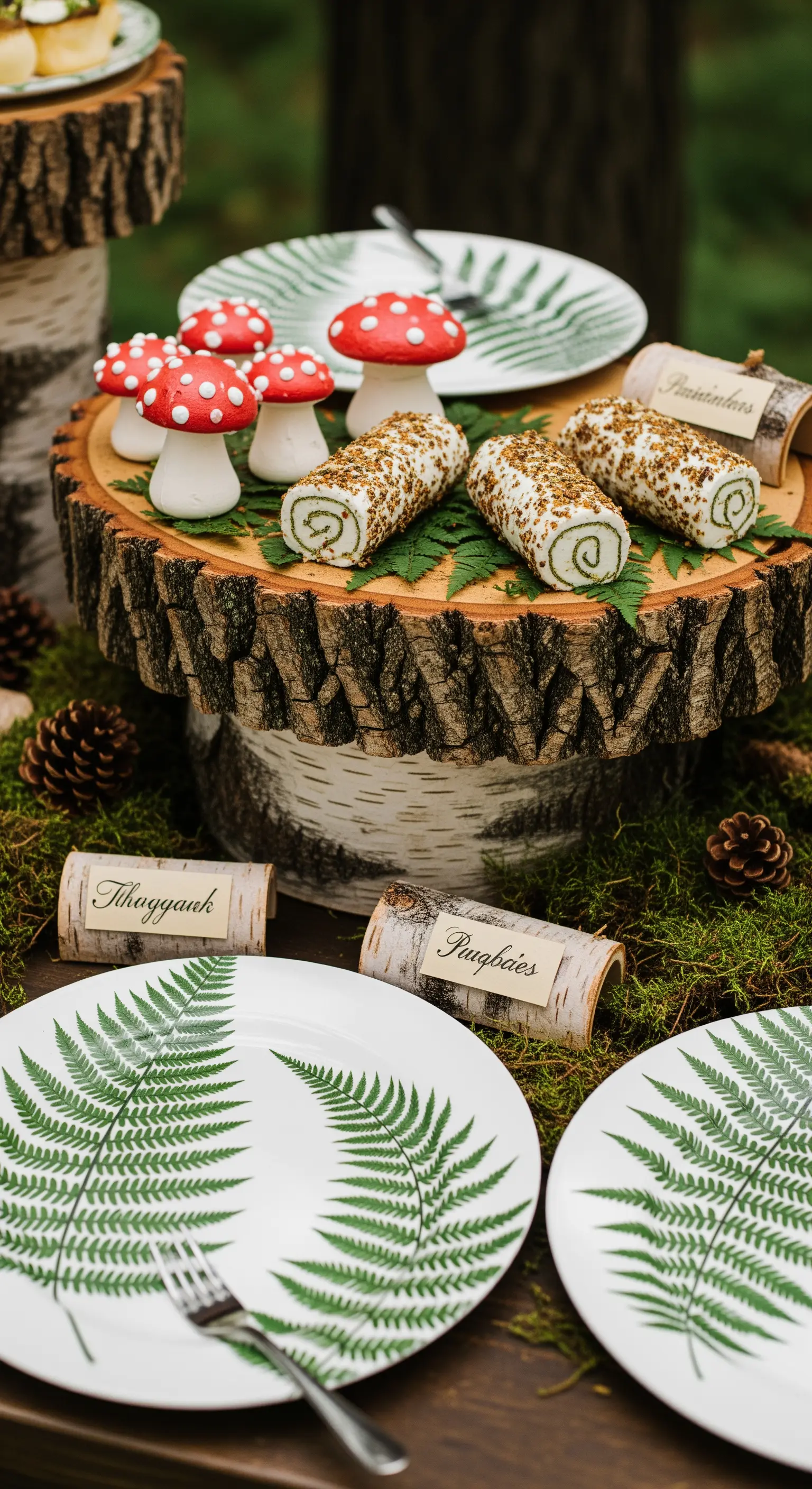 Buffet a tema bosco con rotoli di formaggio su un'alzata di tronco di betulla e muschio.