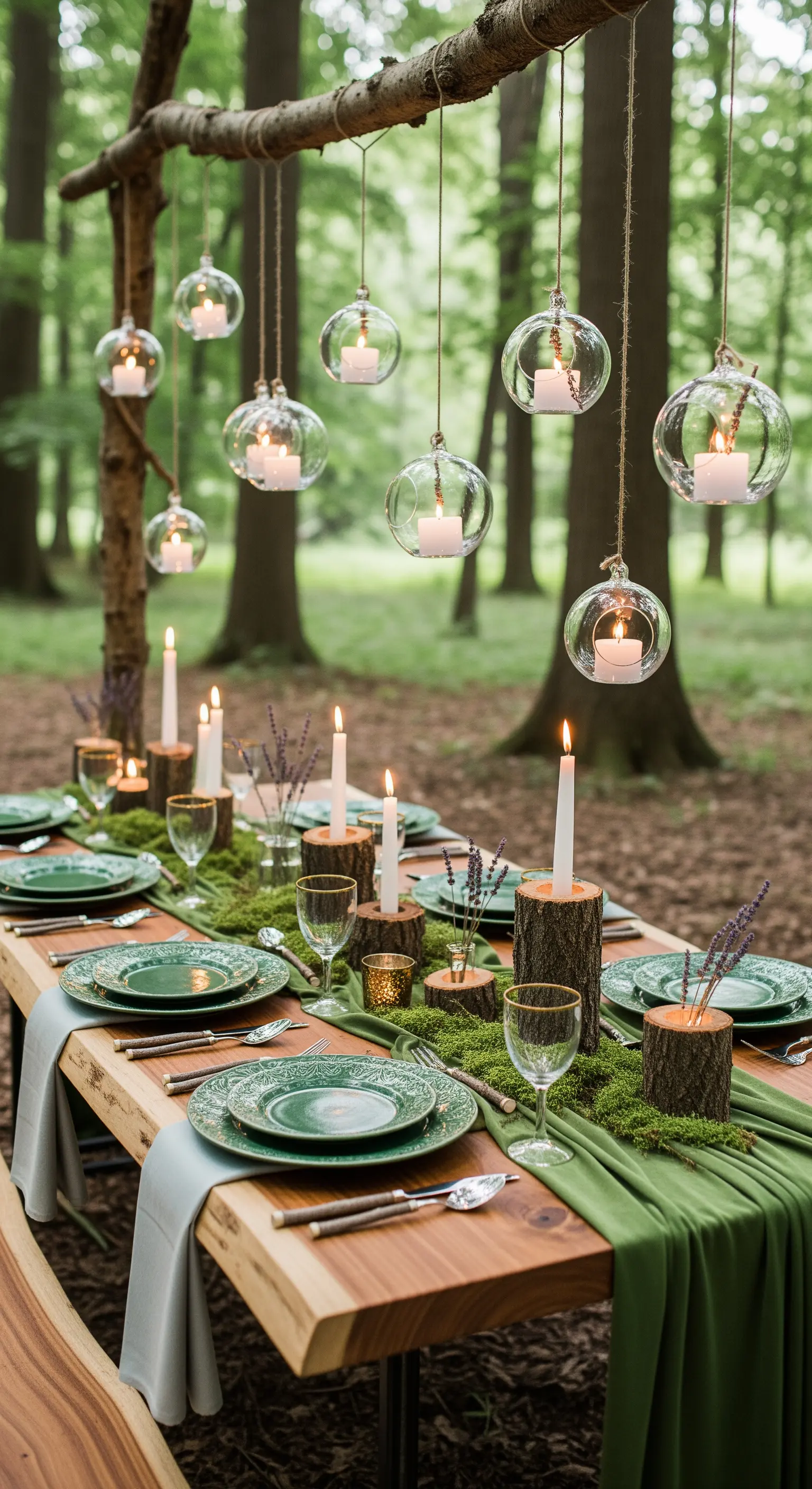 Tavola nel bosco con runner di muschio, portacandele in legno e sfere di vetro appese