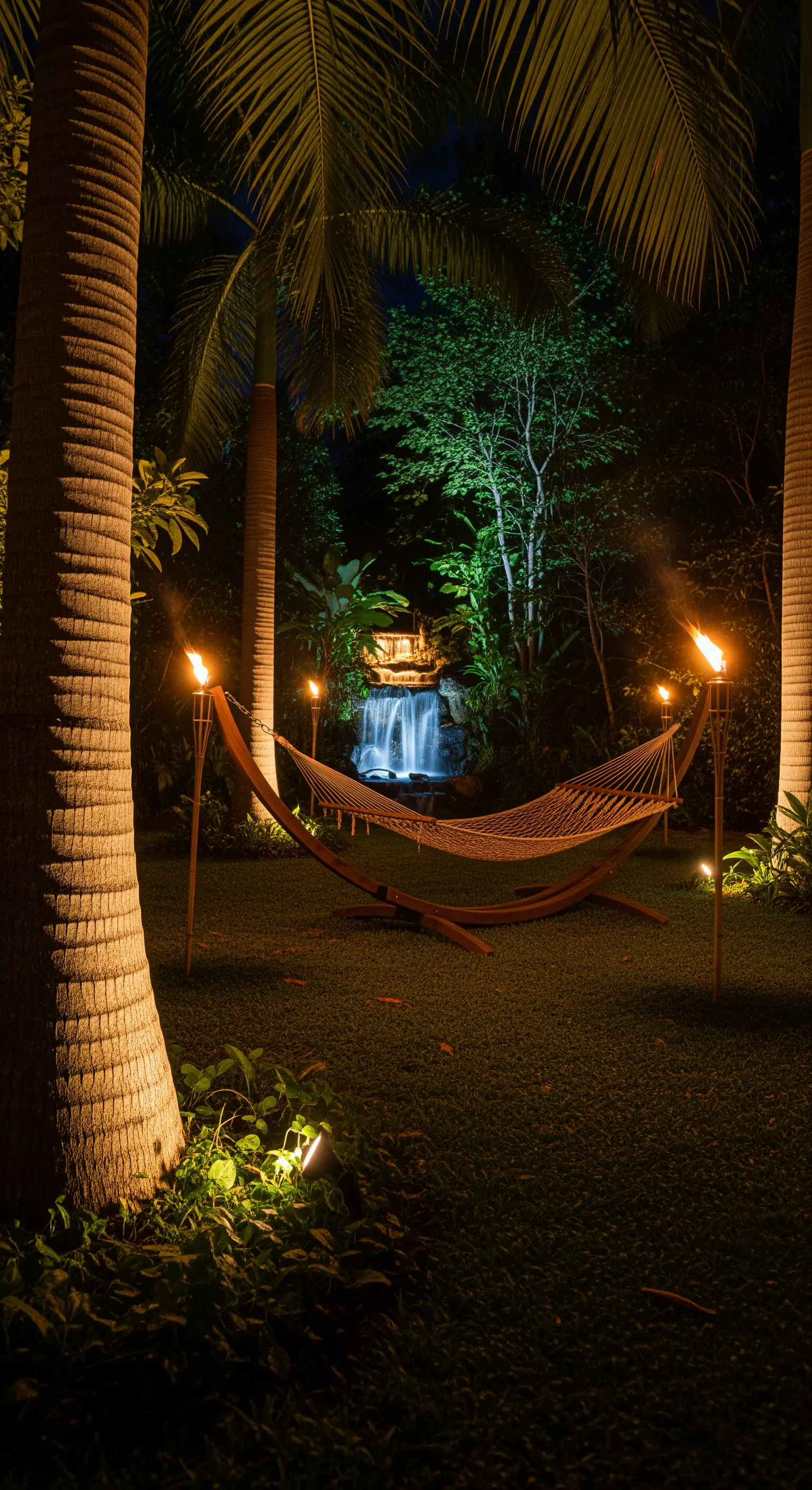 Amaca di notte in un giardino illuminato da torce tiki e una cascata.