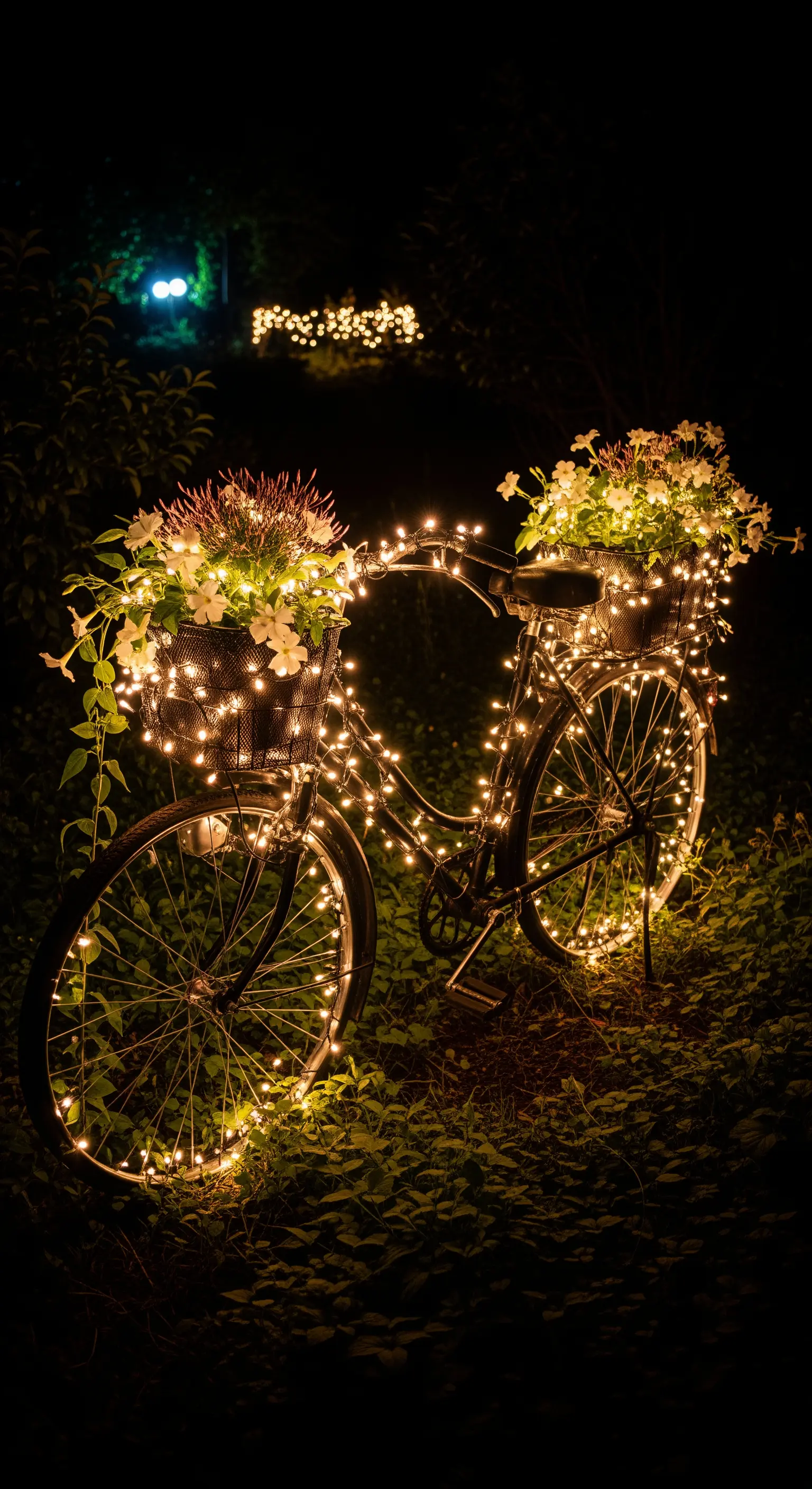 Bicicletta decorata con fiori e avvolta da lucine a LED calde, che brilla nel buio di un giardino.