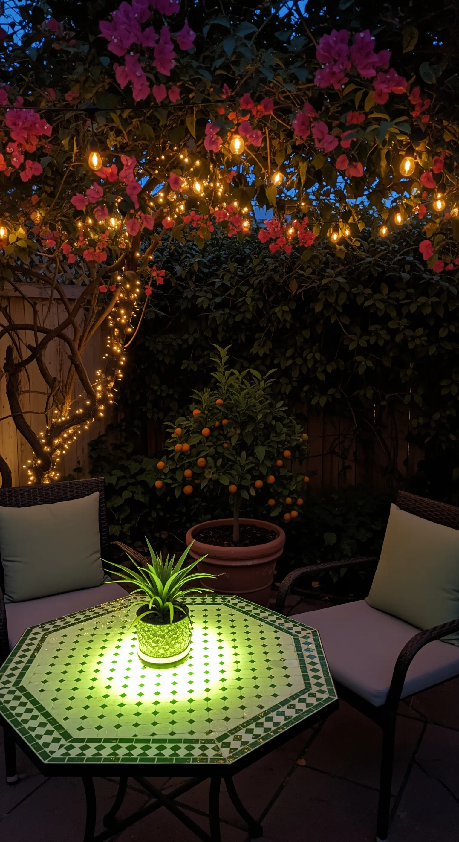 Angolo notturno con tavolo in mosaico illuminato, sedie in vimini e lucine tra le bouganville.