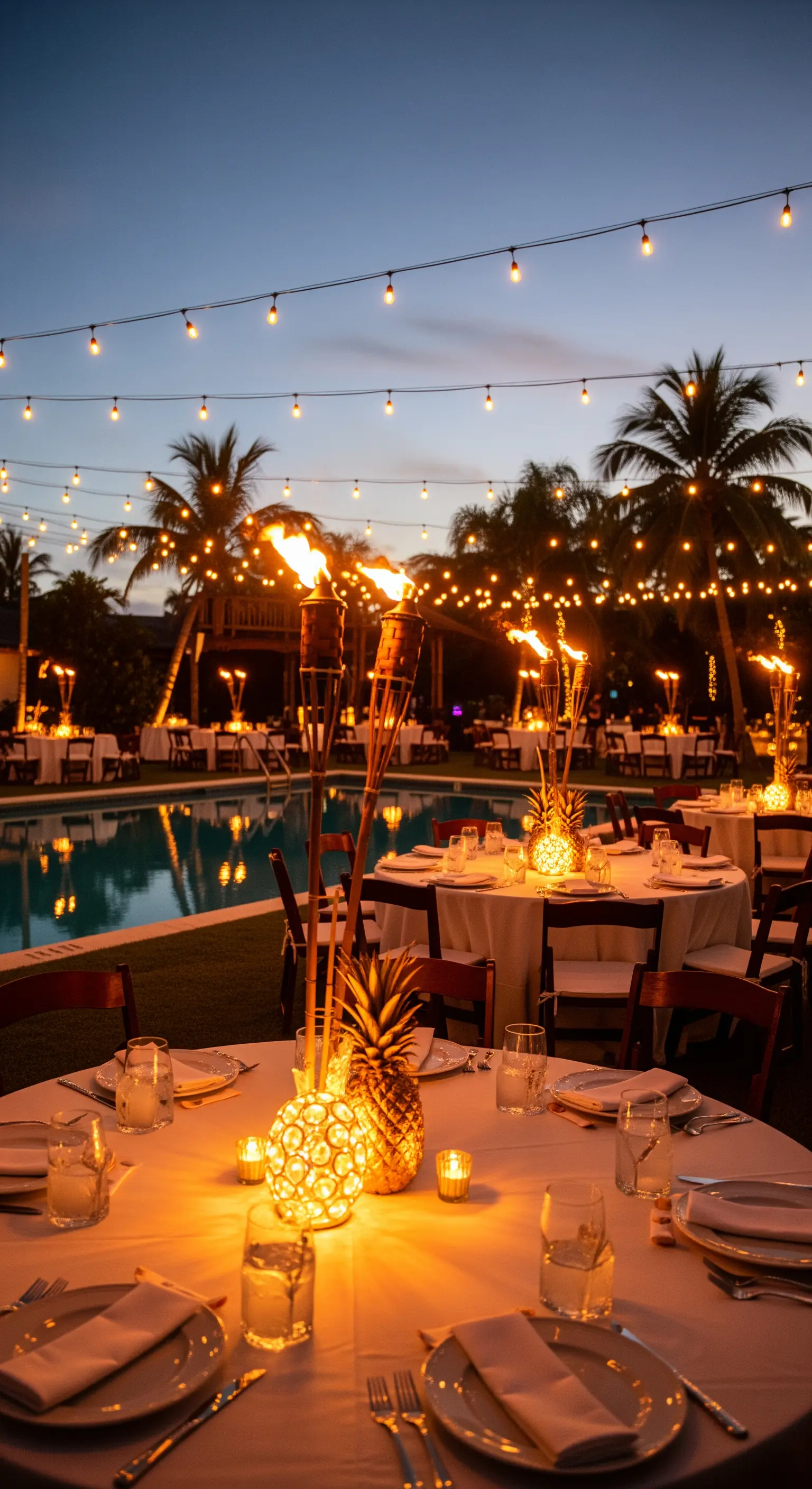 Festa serale a bordo piscina con tavoli rotondi illuminati da torce tiki e fili di luci.