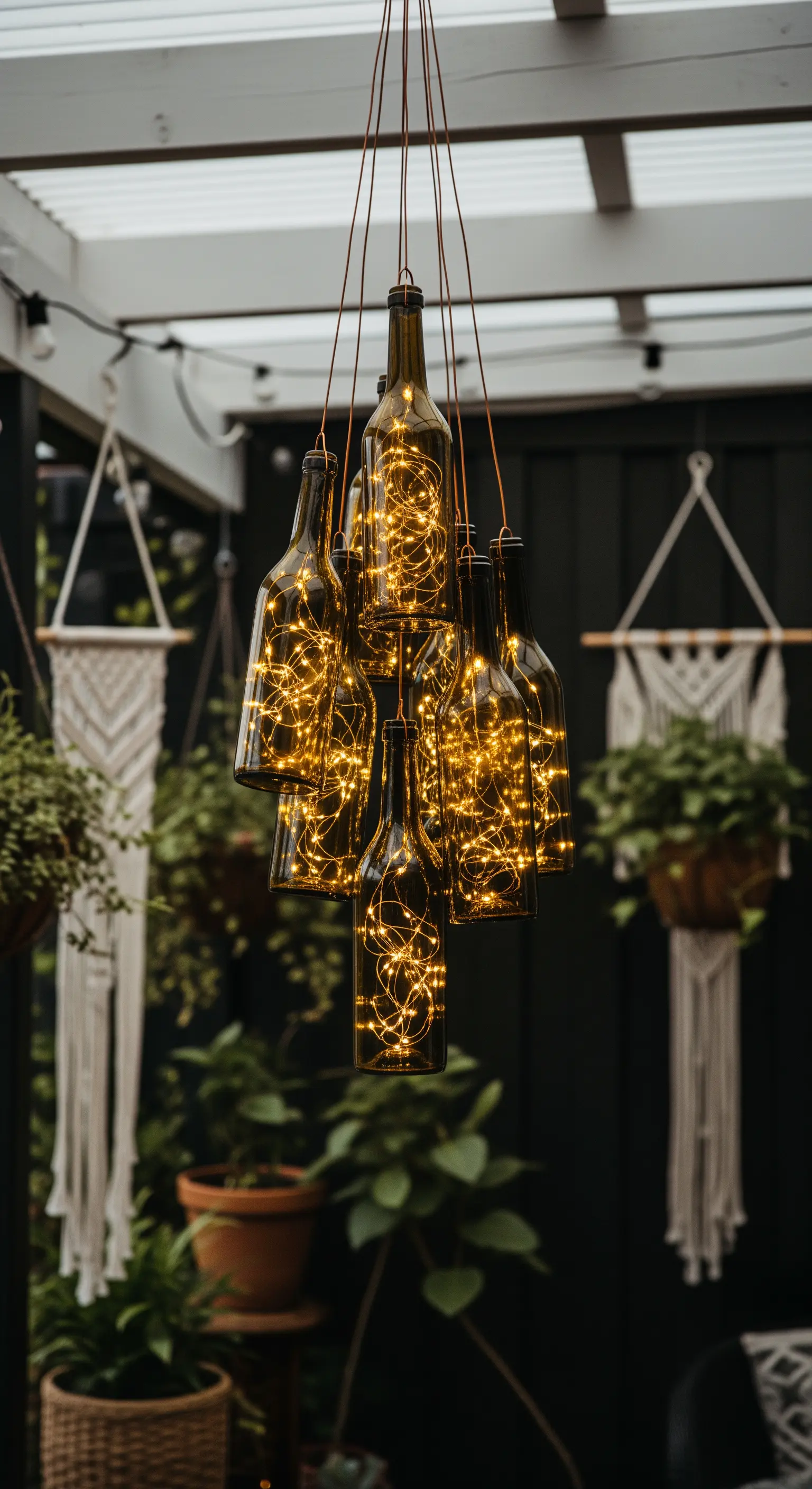 Grappolo di bottiglie di vino scure appese all'esterno e riempite con lucine a LED.