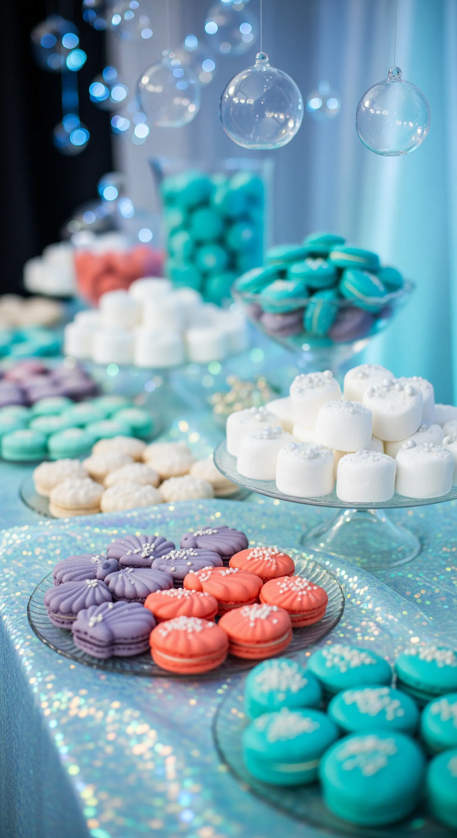 Candy bar con tovaglia iridescente, dolci viola e turchesi decorati con perline e bolle di vetro.