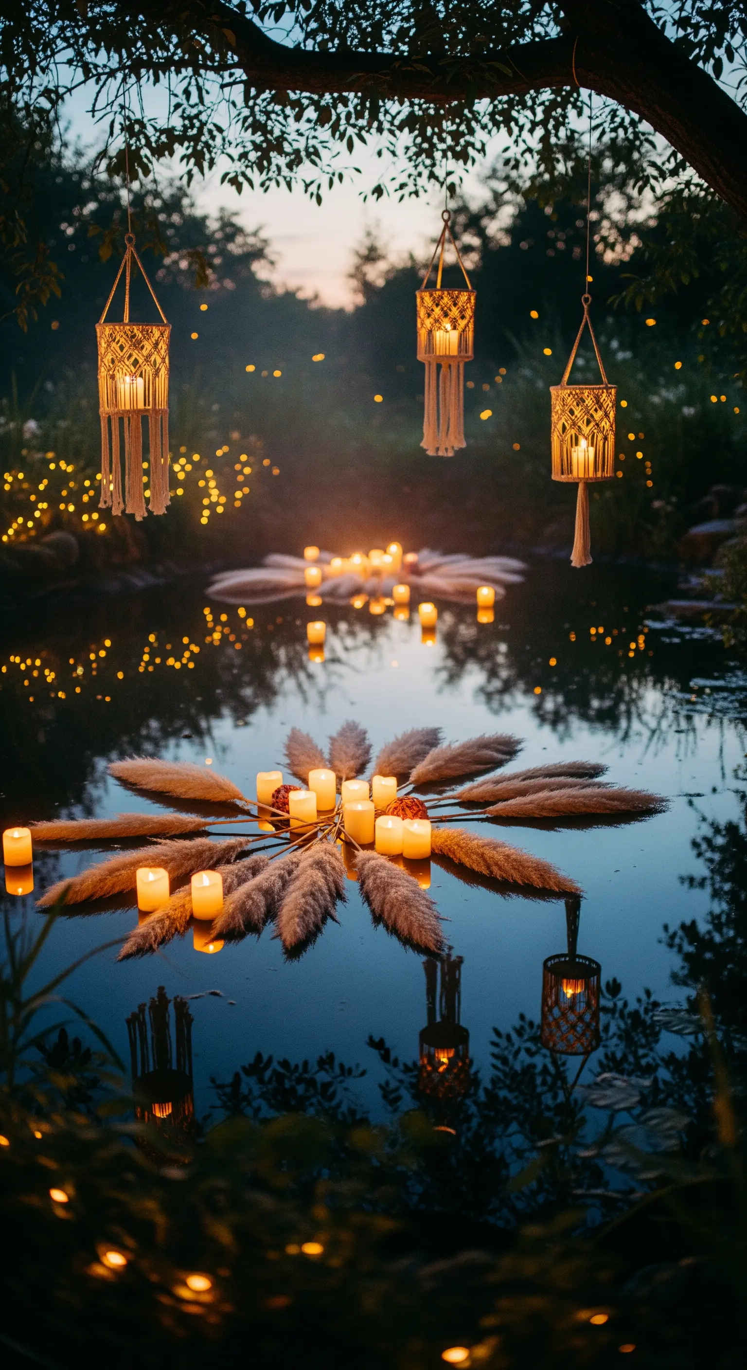 Lanterne in macramè appese su un laghetto con candele galleggianti tra le pampas.