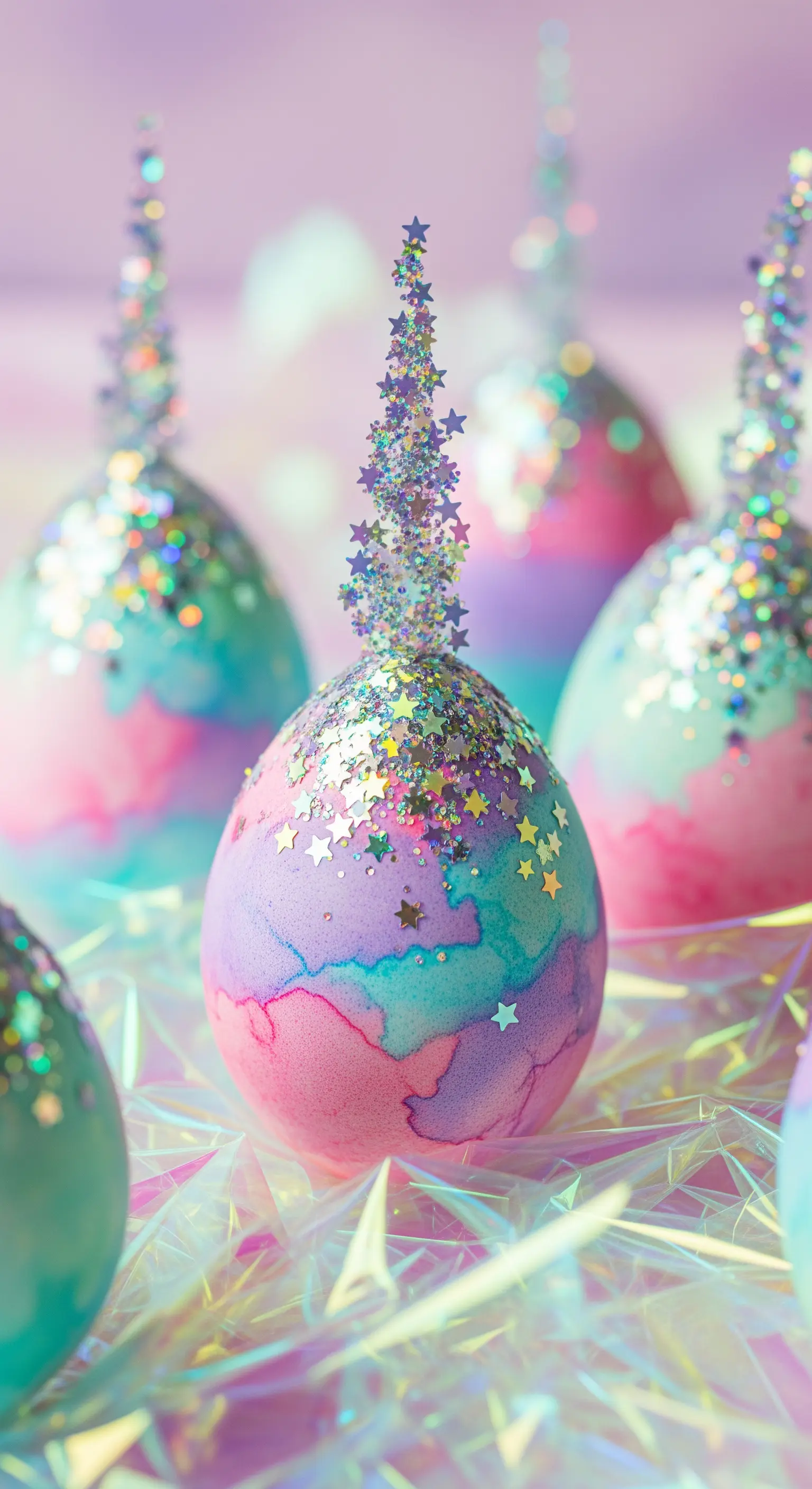 Uova con colori pastello sfumati e una cascata di glitter e stelline sulla sommità.