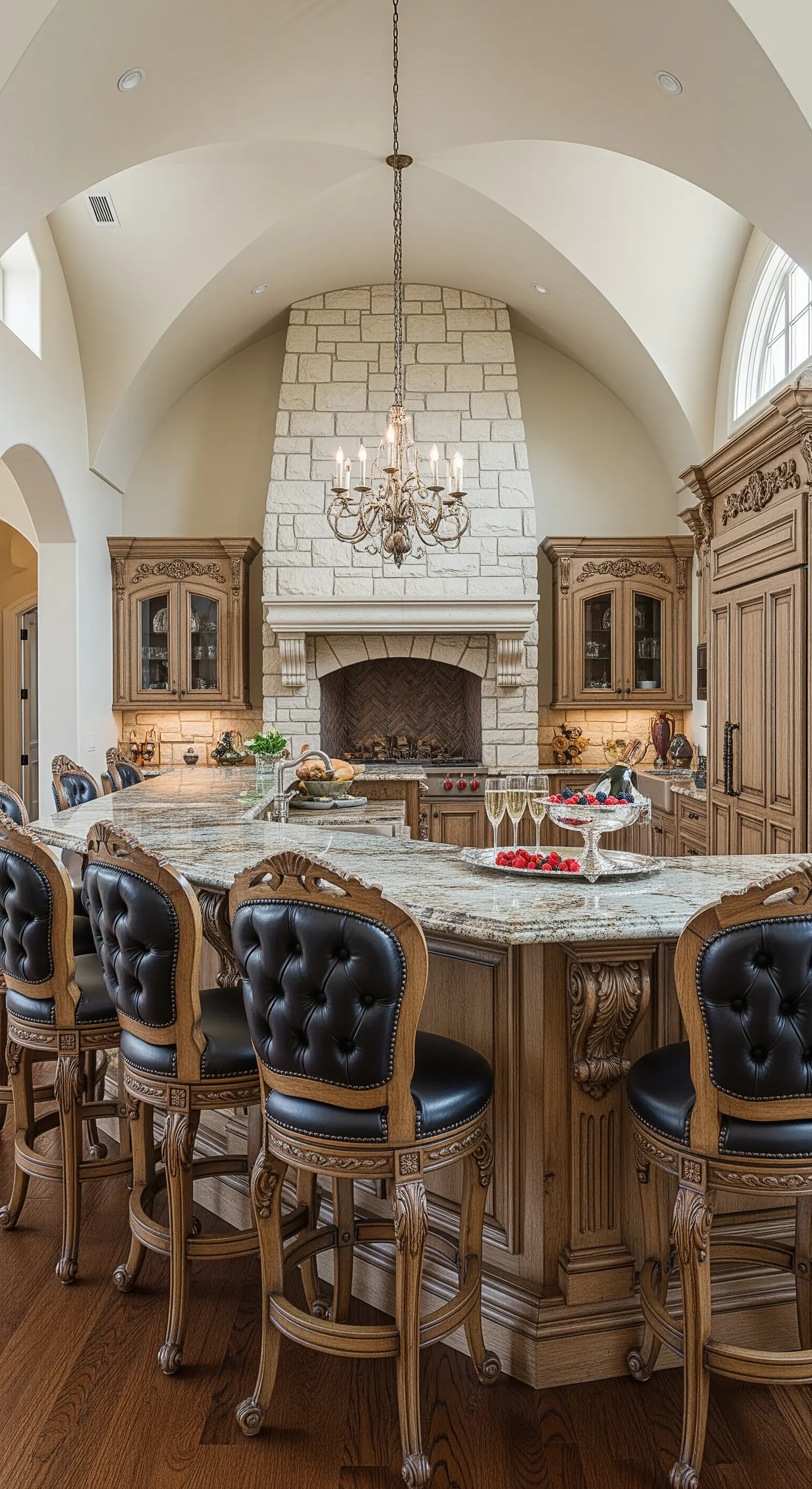 Cucina sfarzosa in stile europeo con cappa in pietra e sgabelli barocchi in pelle nera.