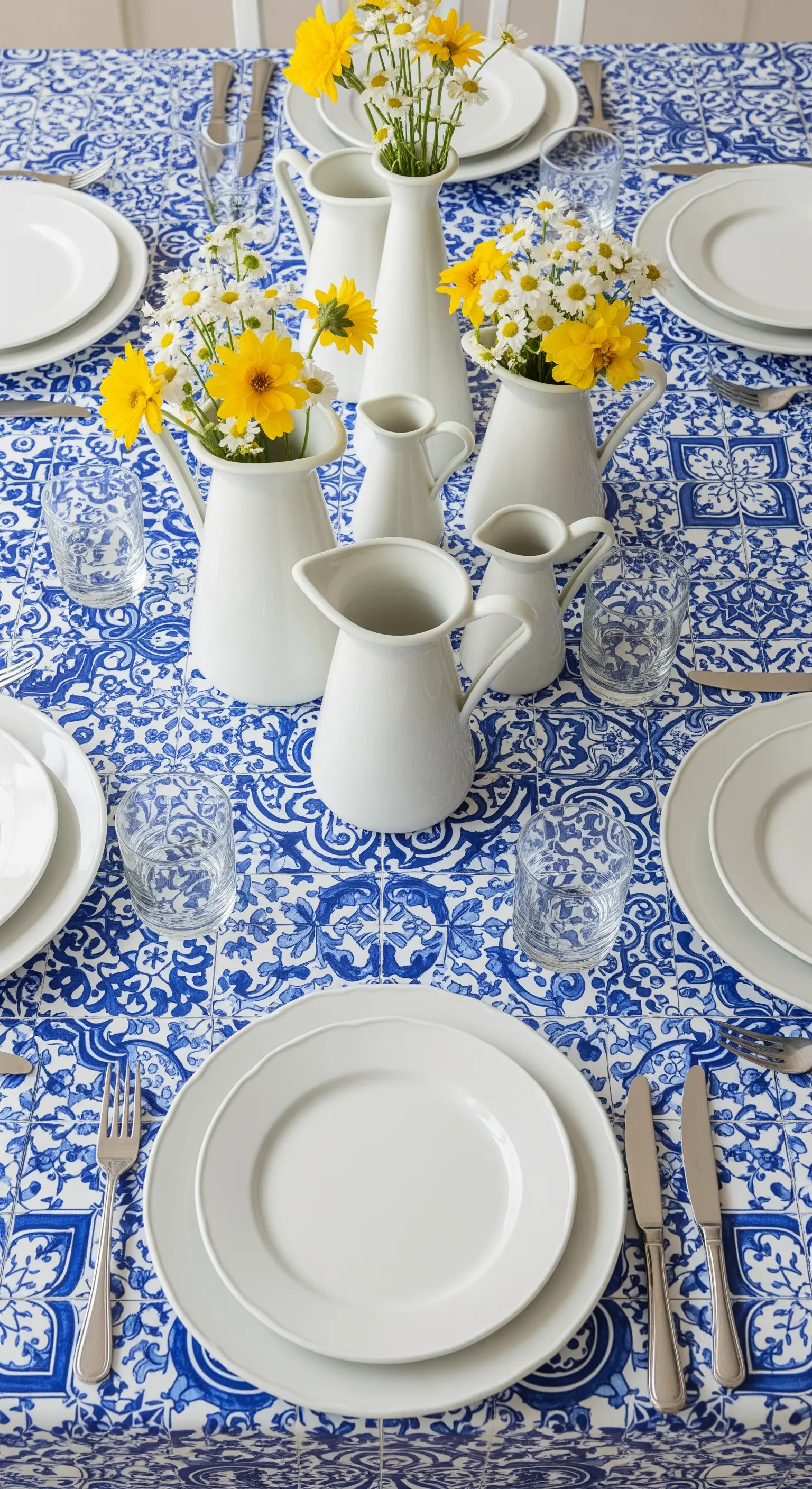 Tavola con tovaglia a motivi maiolica blu e centrotavola di brocche bianche con fiori.